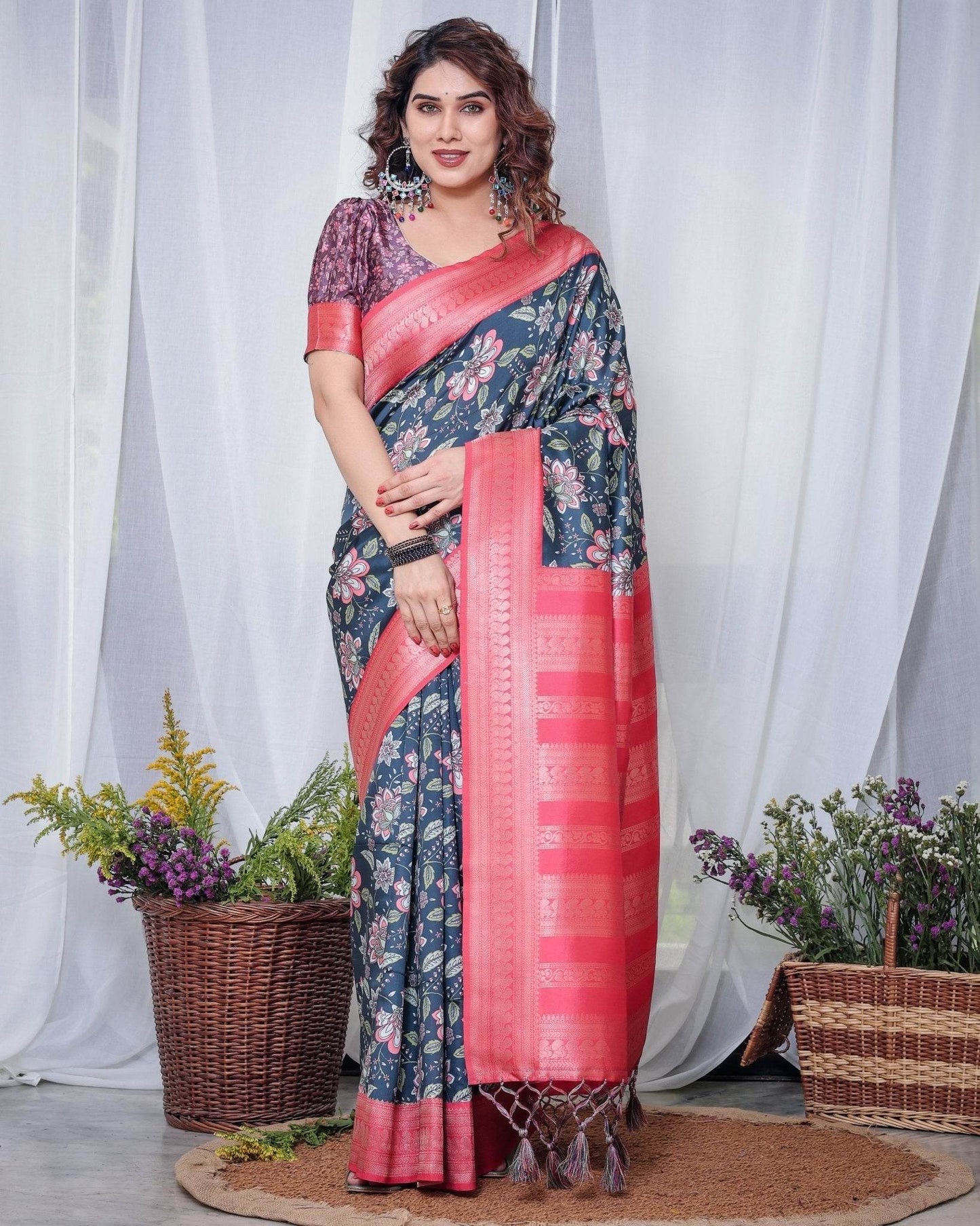 Regal Navy Blue and Pink Floral Banarasi Silk Saree with Tassels - SEEANS