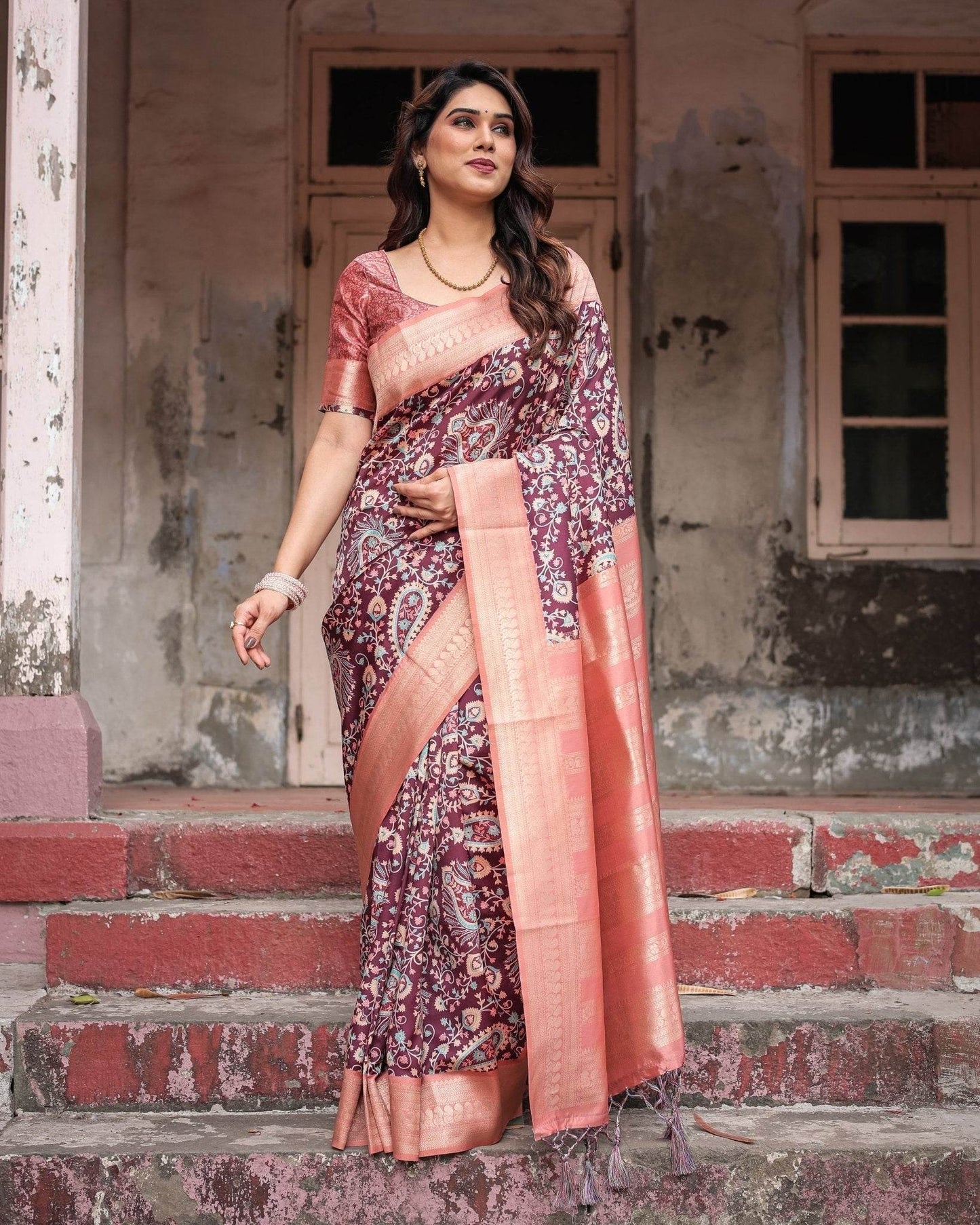 Maroon Banarasi Silk Saree with Peach Zari Border and Paisley Motifs - SEEANS
