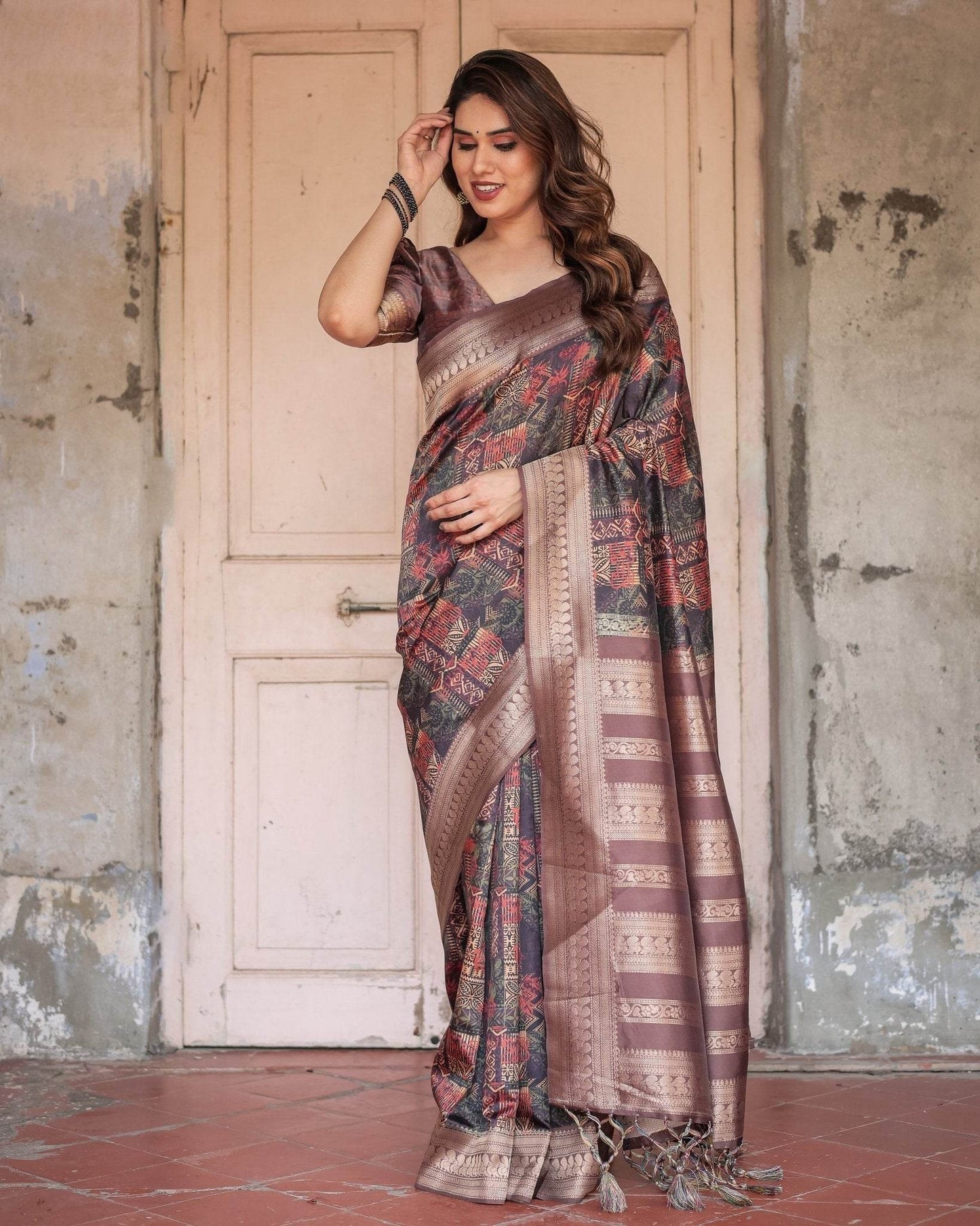 Rich Chocolate Banarasi Silk Saree with Geometric Print and Zari Border - SEEANS
