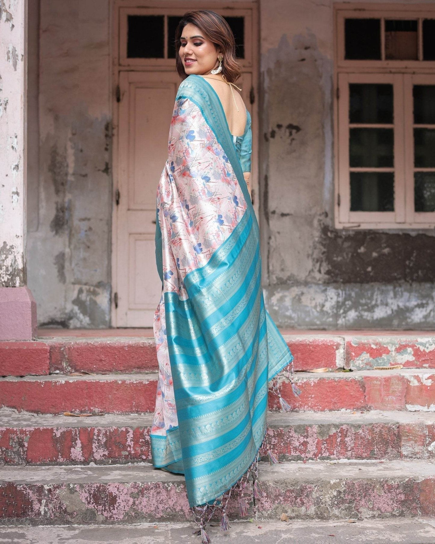 Mesmerizing Aqua Banarasi Silk Saree with Digital Print and Tassels - SEEANS