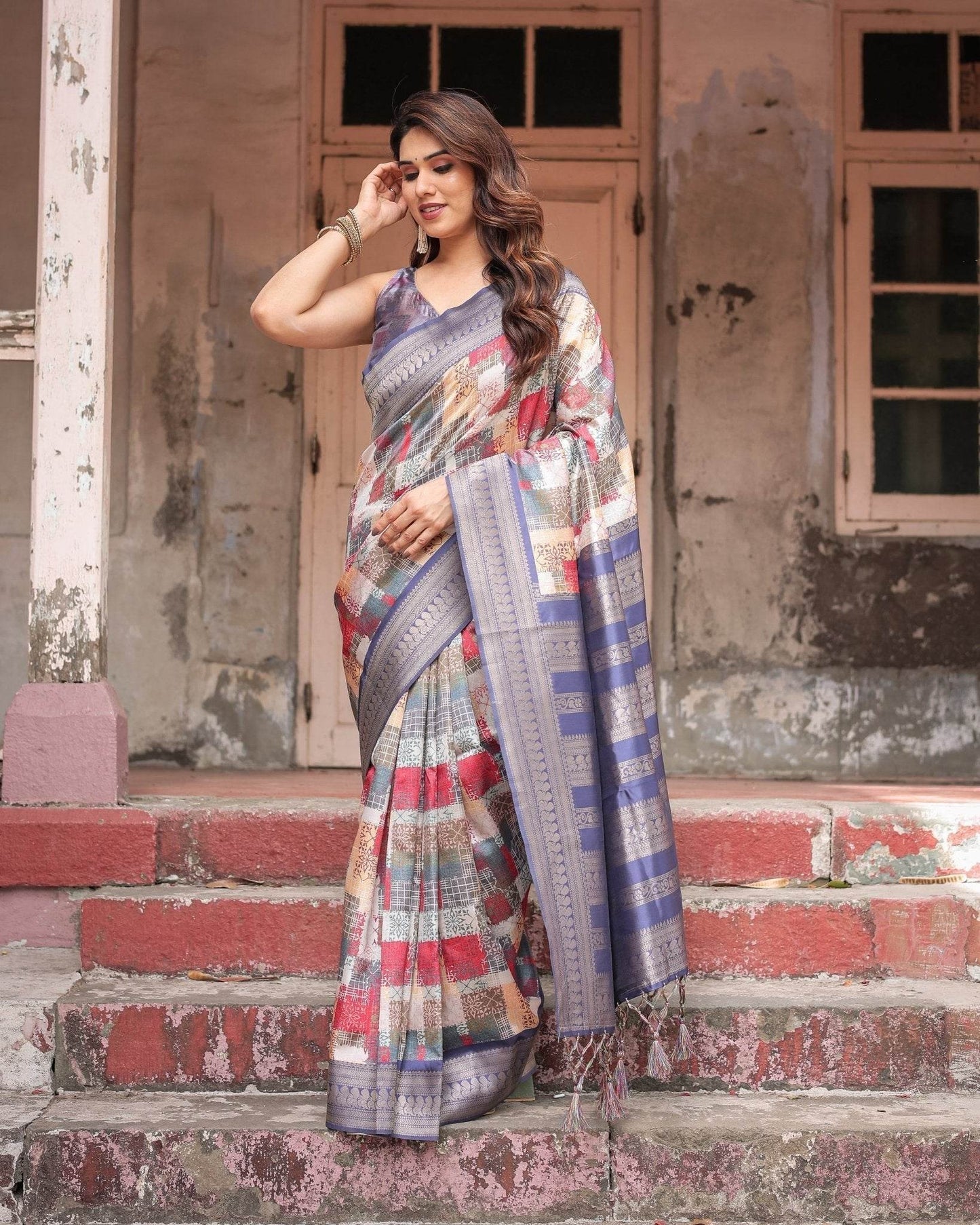 Multicolor Banarasi Silk Saree with Abstract Checkered Print & Lavender Zari Border - SEEANS