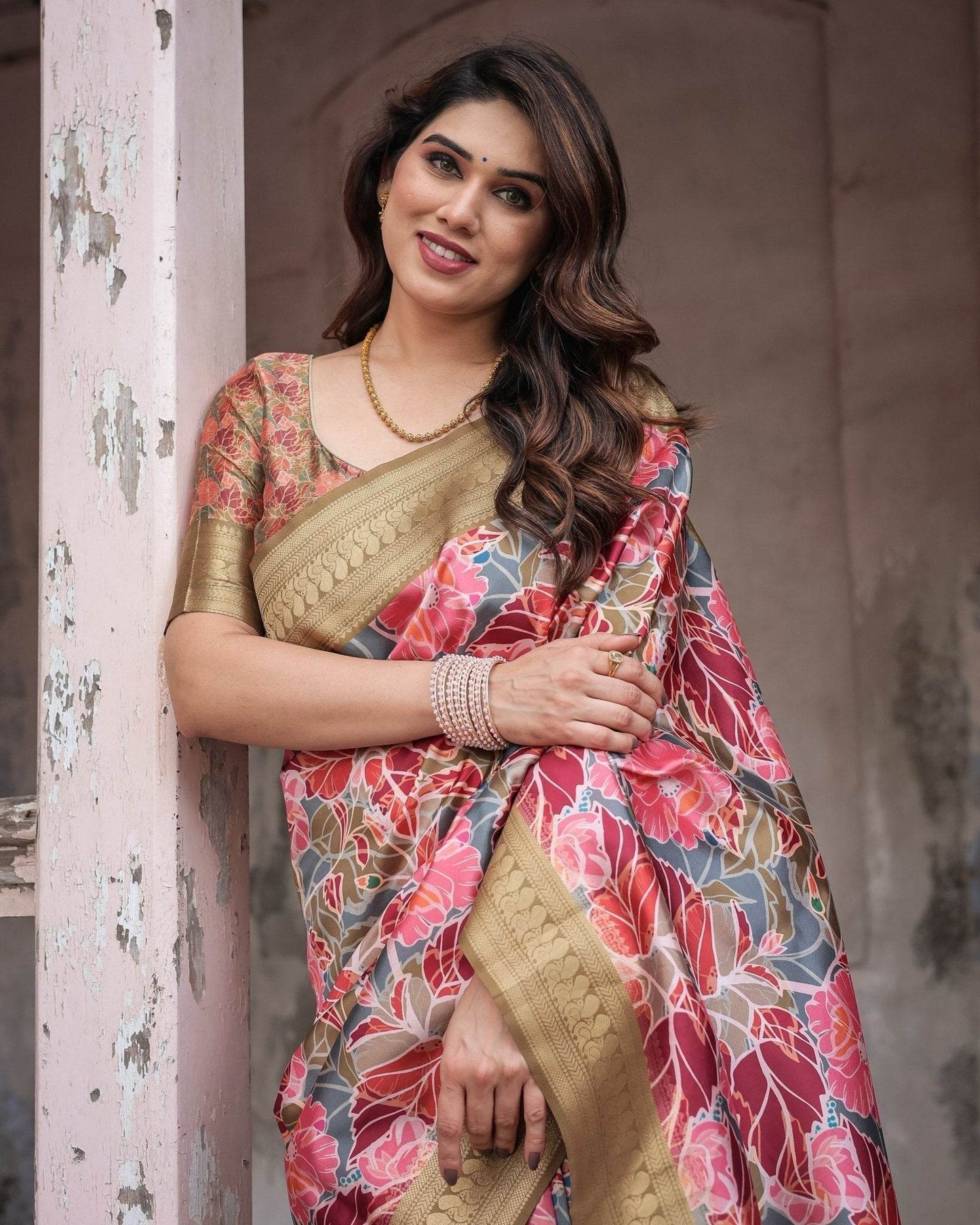 Gold Banarasi Silk Saree with Bold Floral Print and Intricate Zari Border - SEEANS