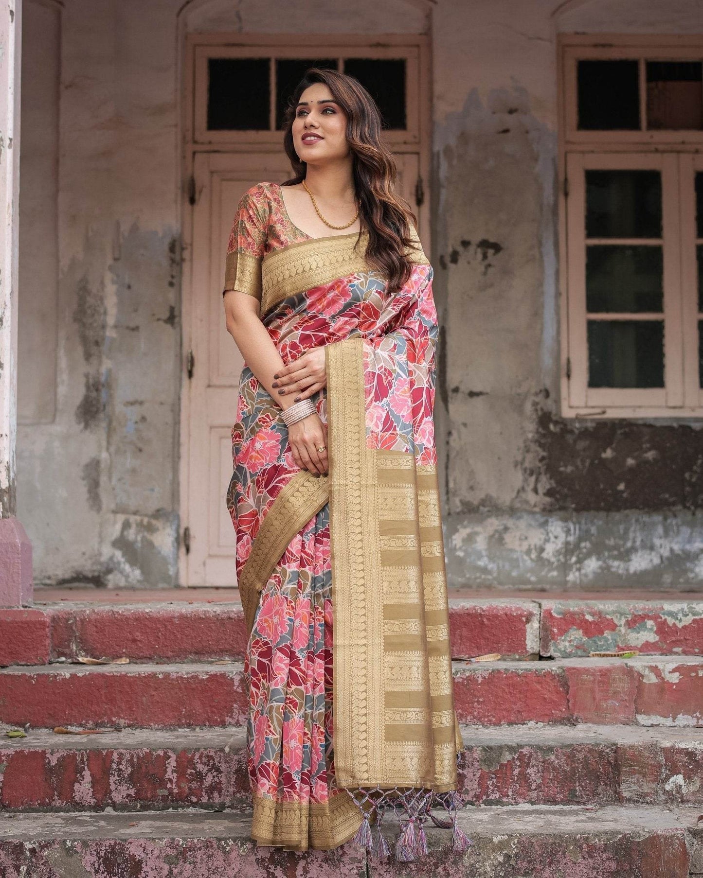 Gold Banarasi Silk Saree with Bold Floral Print and Intricate Zari Border - SEEANS