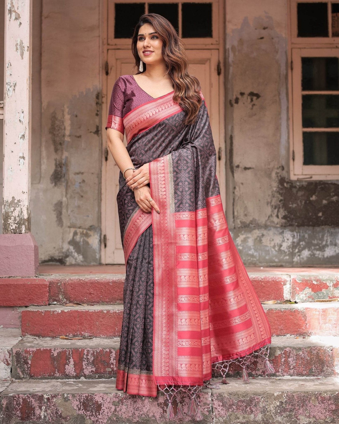 Black Banarasi Silk Saree with Intricate Pink Zari Border & Traditional Motifs - SEEANS