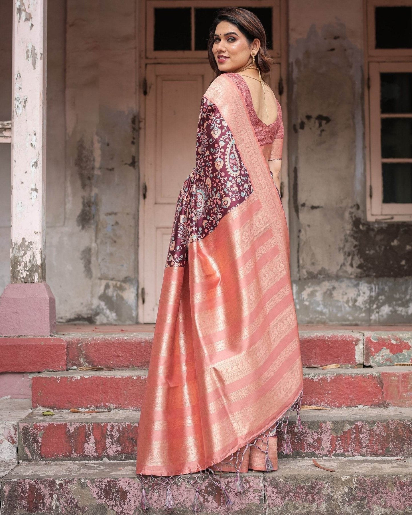 Maroon Banarasi Silk Saree with Peach Zari Border and Paisley Motifs - SEEANS