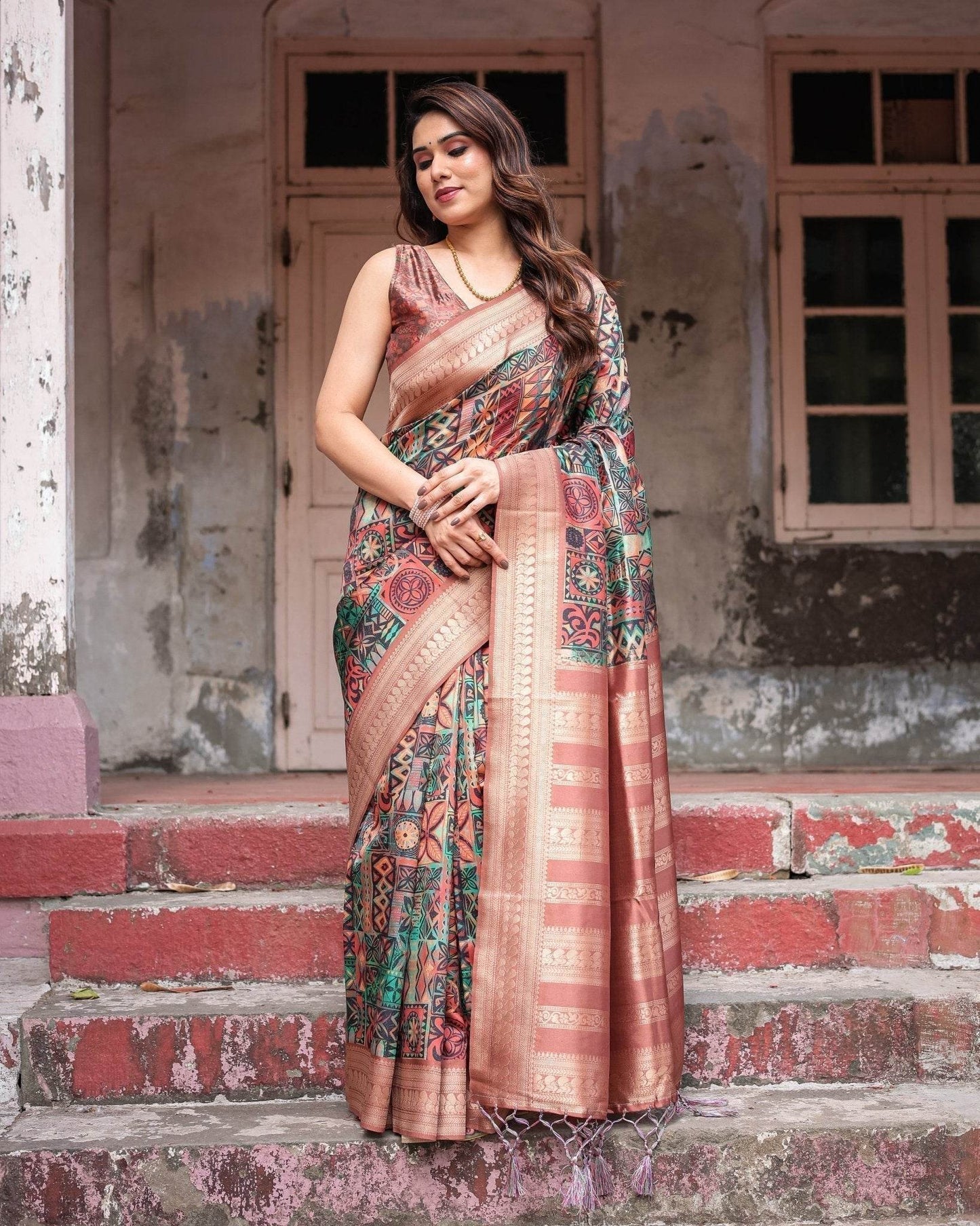 Multicolor Geometric Print Banarasi Silk Saree with Copper Zari Border - SEEANS