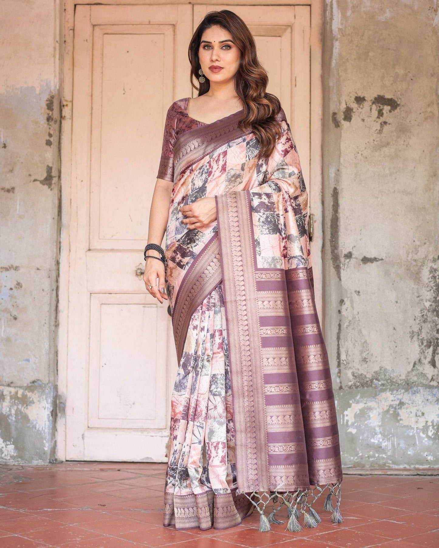 Mauve Banarasi Silk Saree with Abstract Checkered Digital Print & Zari Border - SEEANS