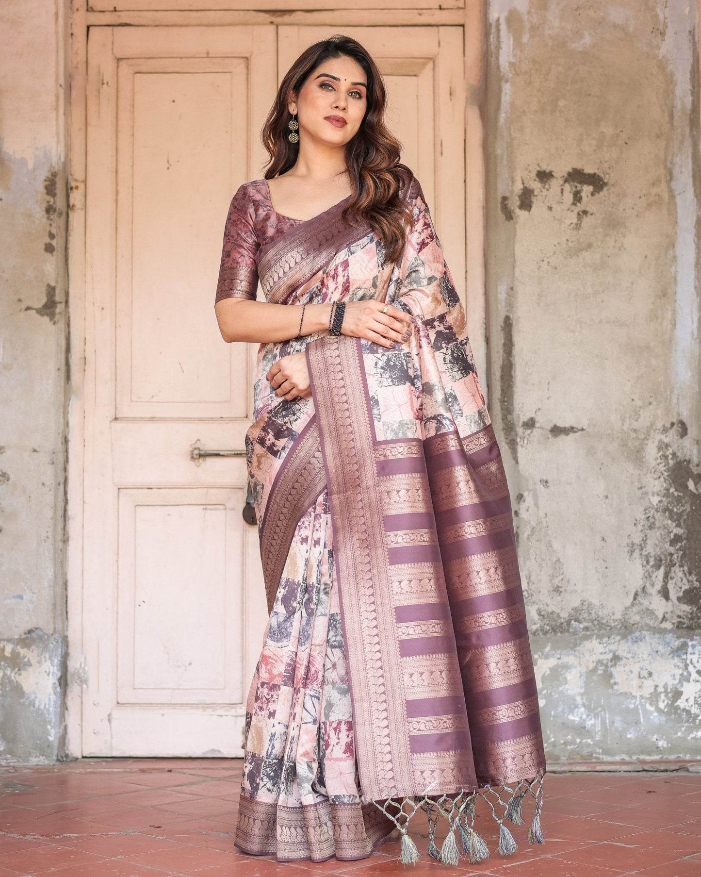 Mauve Banarasi Silk Saree with Abstract Checkered Digital Print & Zari Border - SEEANS