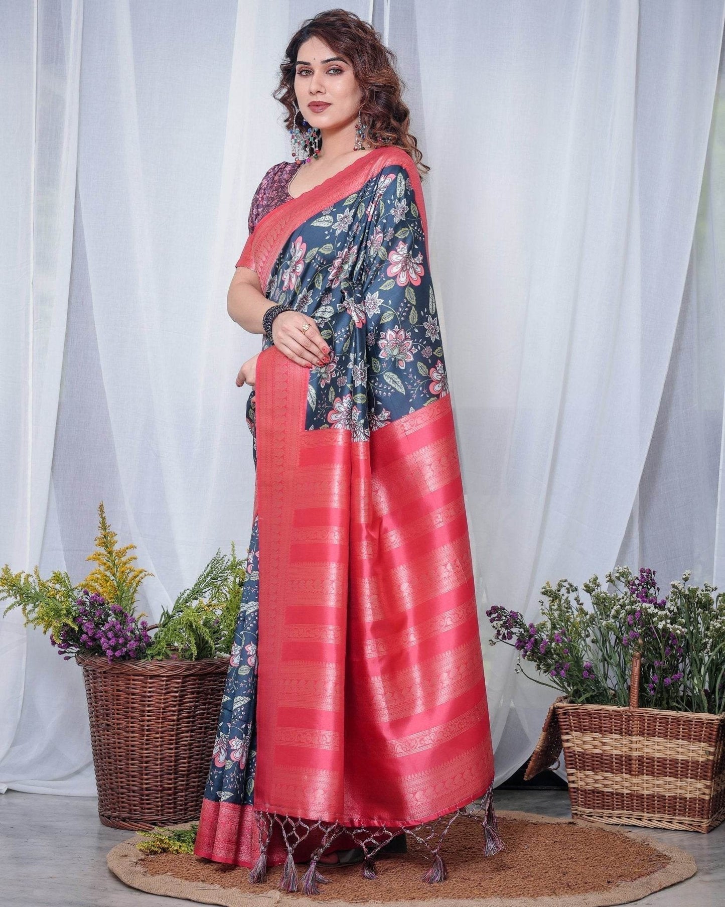 Regal Navy Blue and Pink Floral Banarasi Silk Saree with Tassels - SEEANS