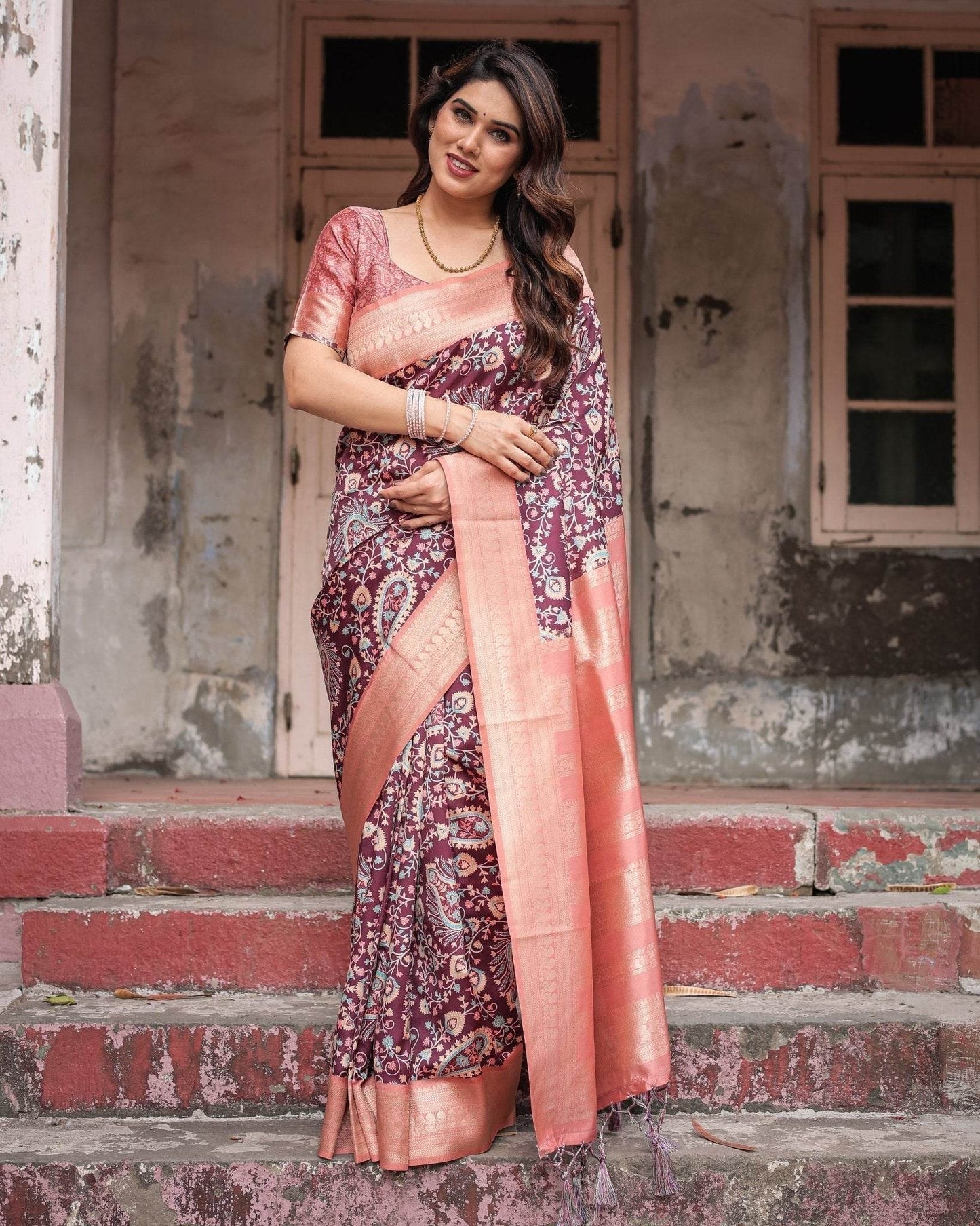 Maroon Banarasi Silk Saree with Peach Zari Border and Paisley Motifs - SEEANS