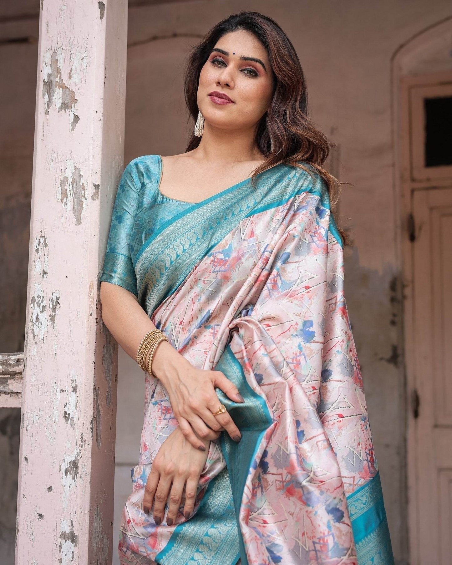 Mesmerizing Aqua Banarasi Silk Saree with Digital Print and Tassels - SEEANS
