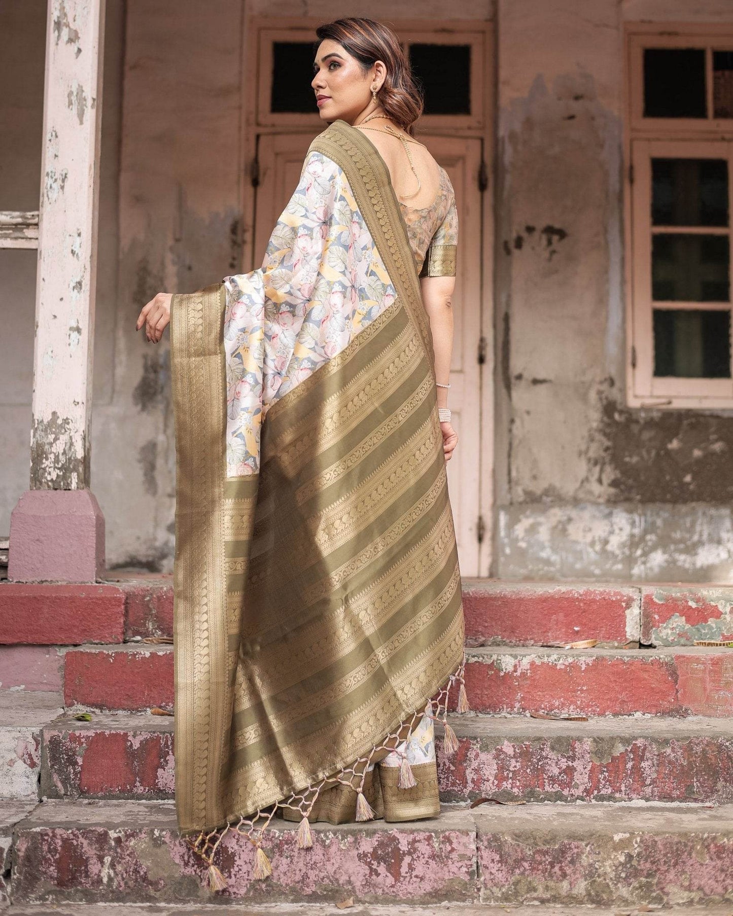 Ivory Banarasi Silk Saree with Gold Zari Border and Multicolor Floral Design - SEEANS