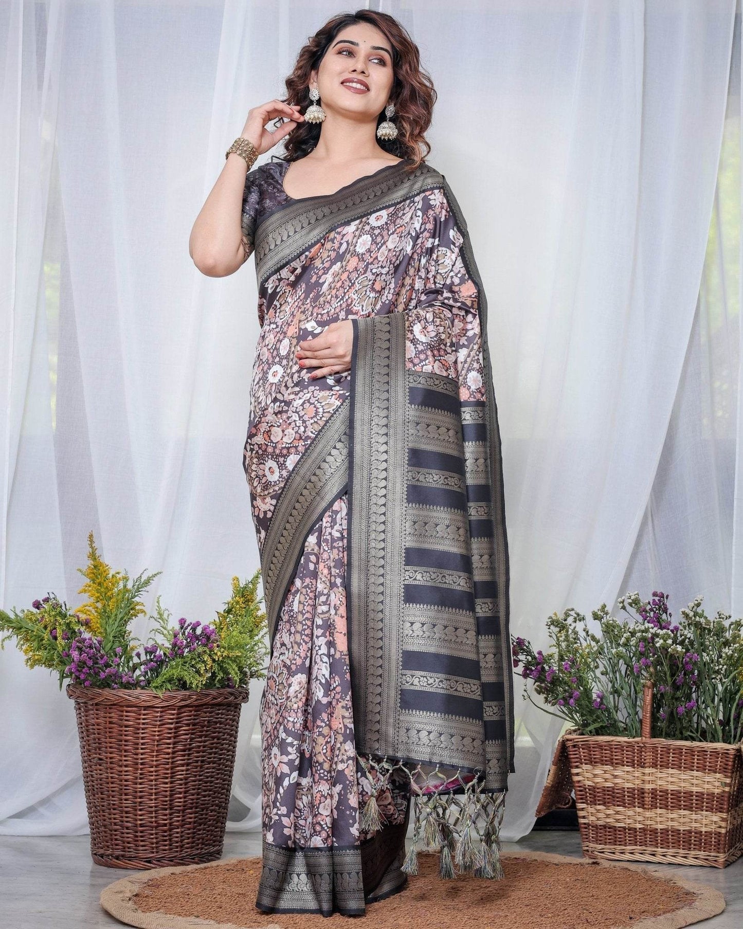 Exquisite Black and Pink Floral Banarasi Silk Saree with Intricate Tassels - SEEANS