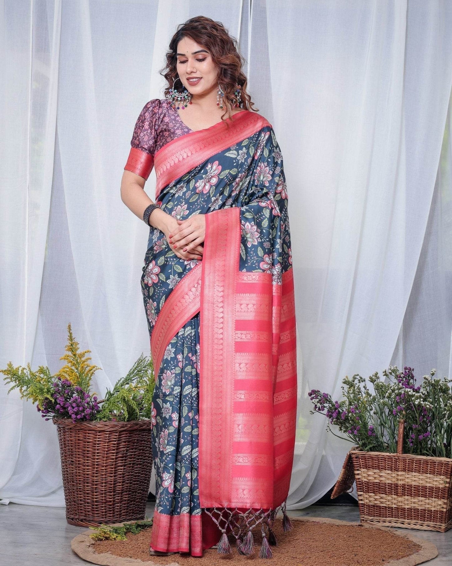 Regal Navy Blue and Pink Floral Banarasi Silk Saree with Tassels - SEEANS