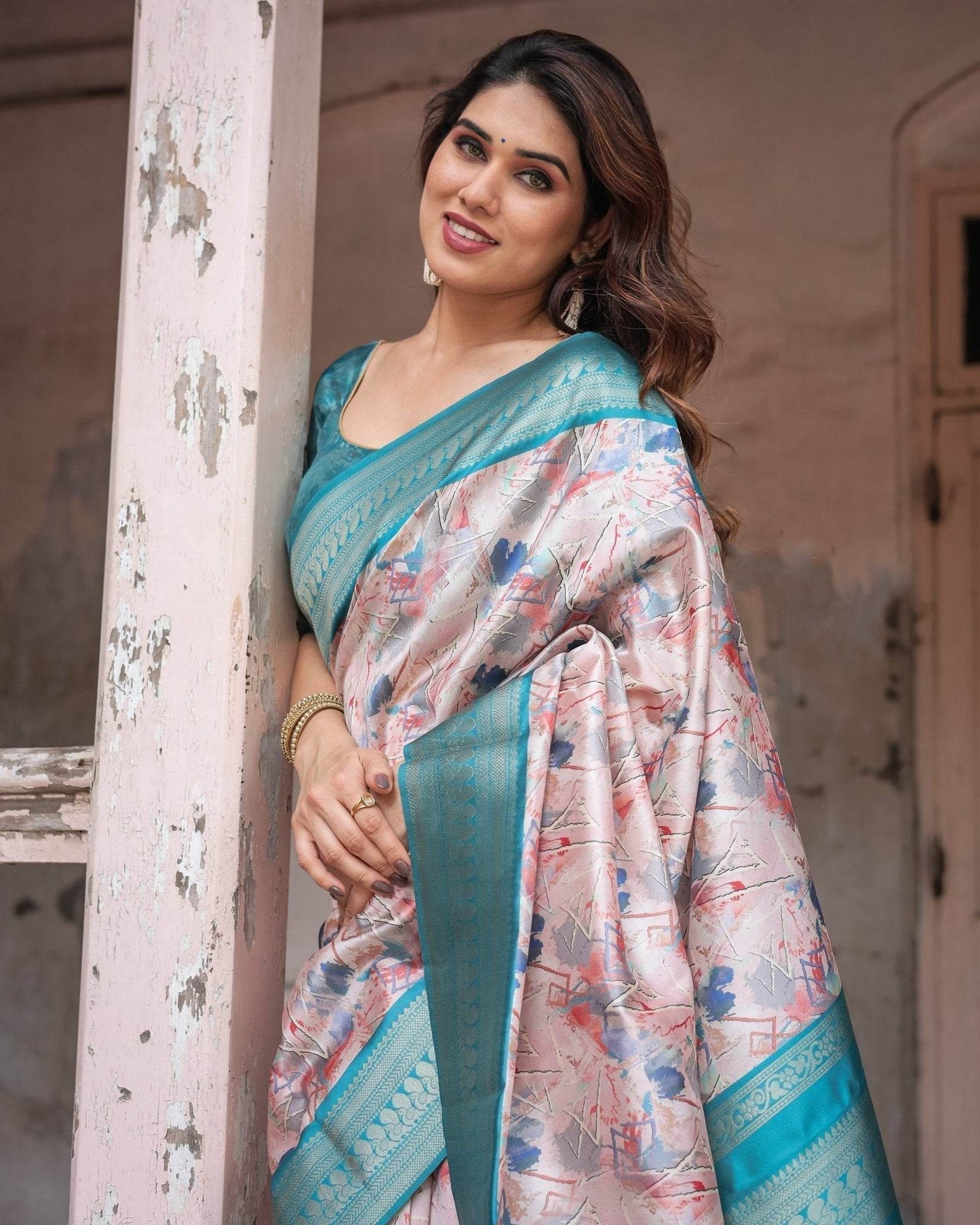 Mesmerizing Aqua Banarasi Silk Saree with Digital Print and Tassels - SEEANS