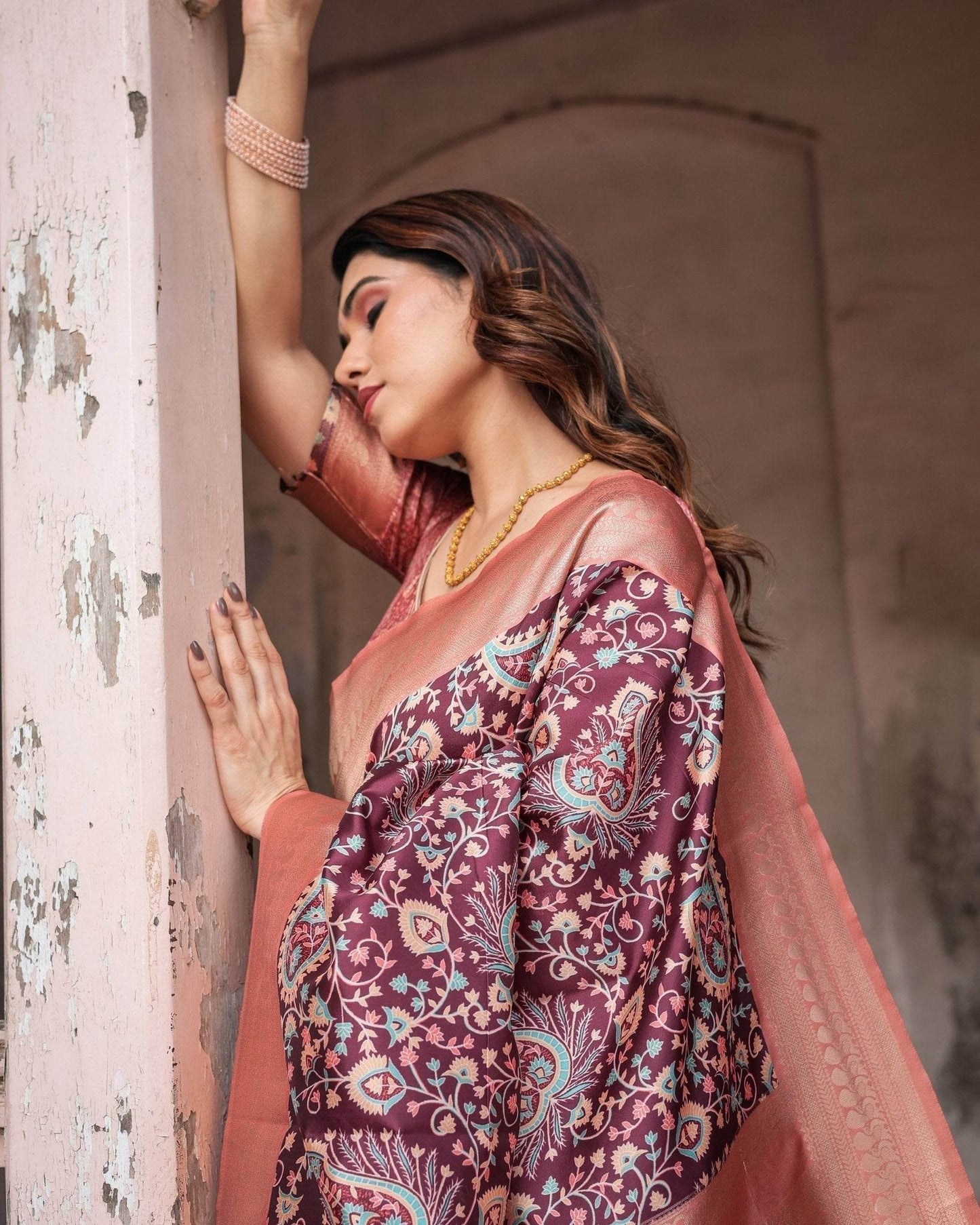 Maroon Banarasi Silk Saree with Peach Zari Border and Paisley Motifs - SEEANS