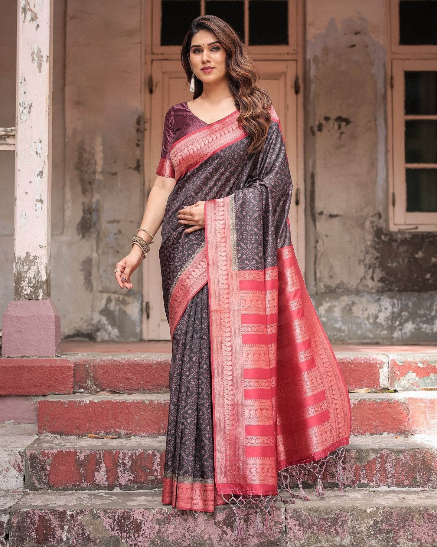 Black Banarasi Silk Saree with Intricate Pink Zari Border & Traditional Motifs - SEEANS