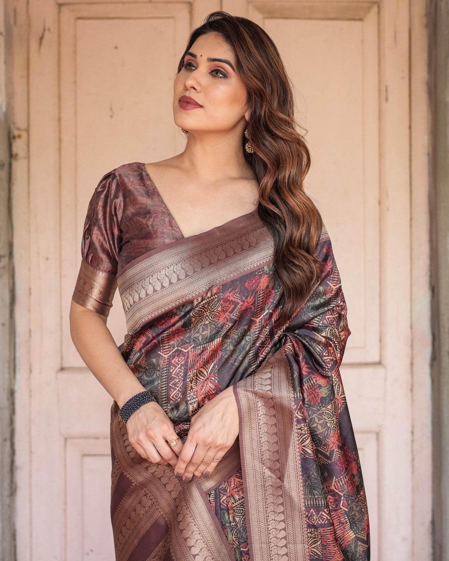 Rich Chocolate Banarasi Silk Saree with Geometric Print and Zari Border - SEEANS