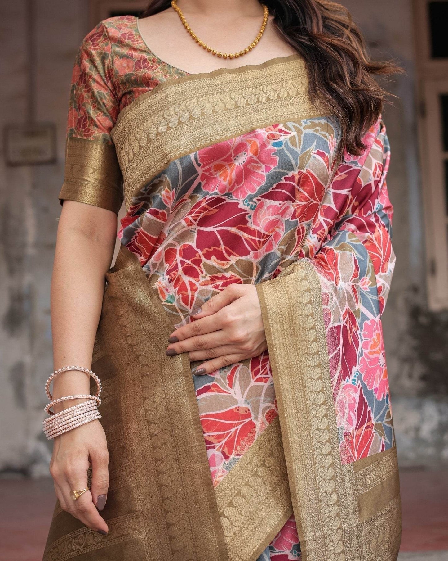 Gold Banarasi Silk Saree with Bold Floral Print and Intricate Zari Border - SEEANS