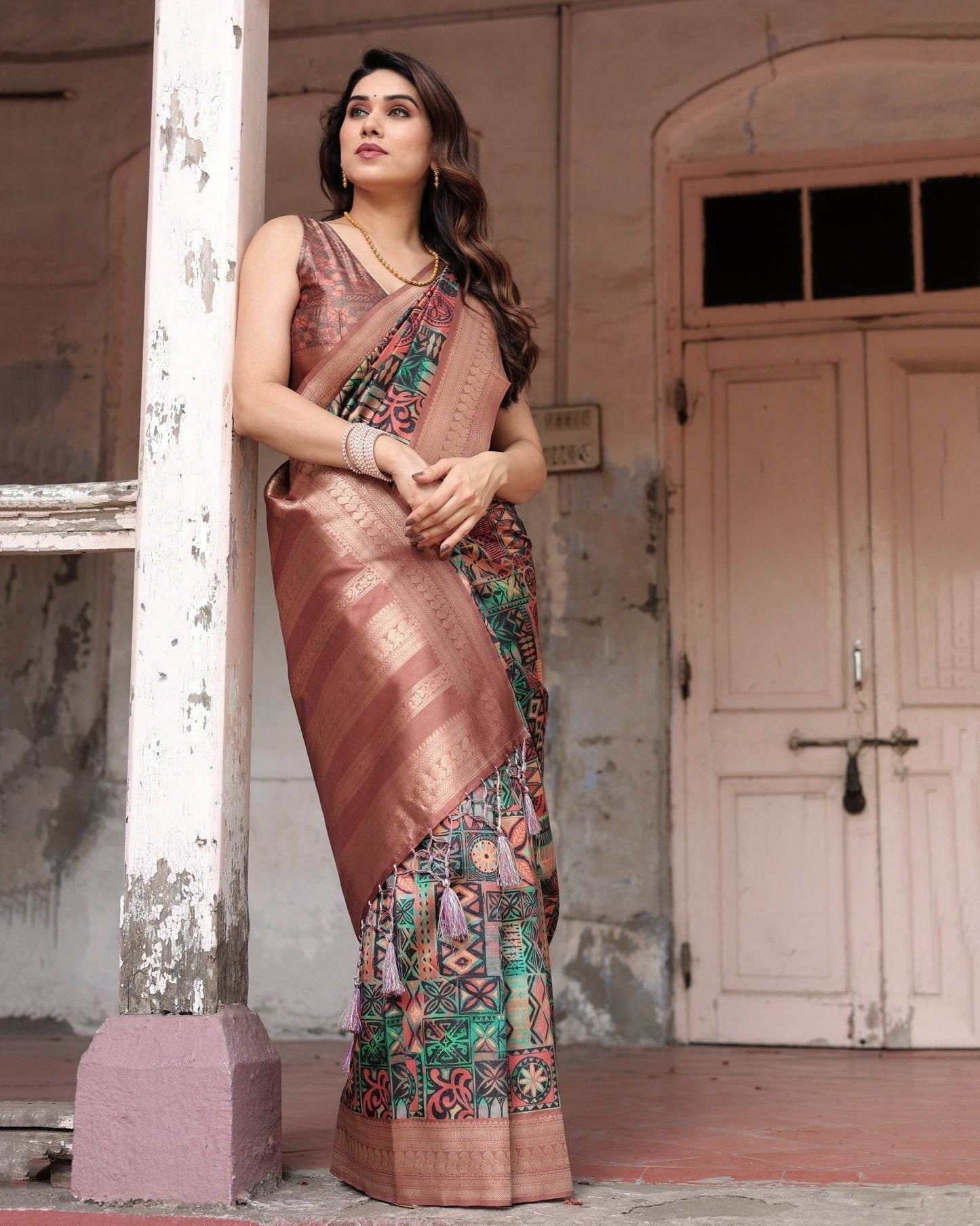 Multicolor Geometric Print Banarasi Silk Saree with Copper Zari Border - SEEANS