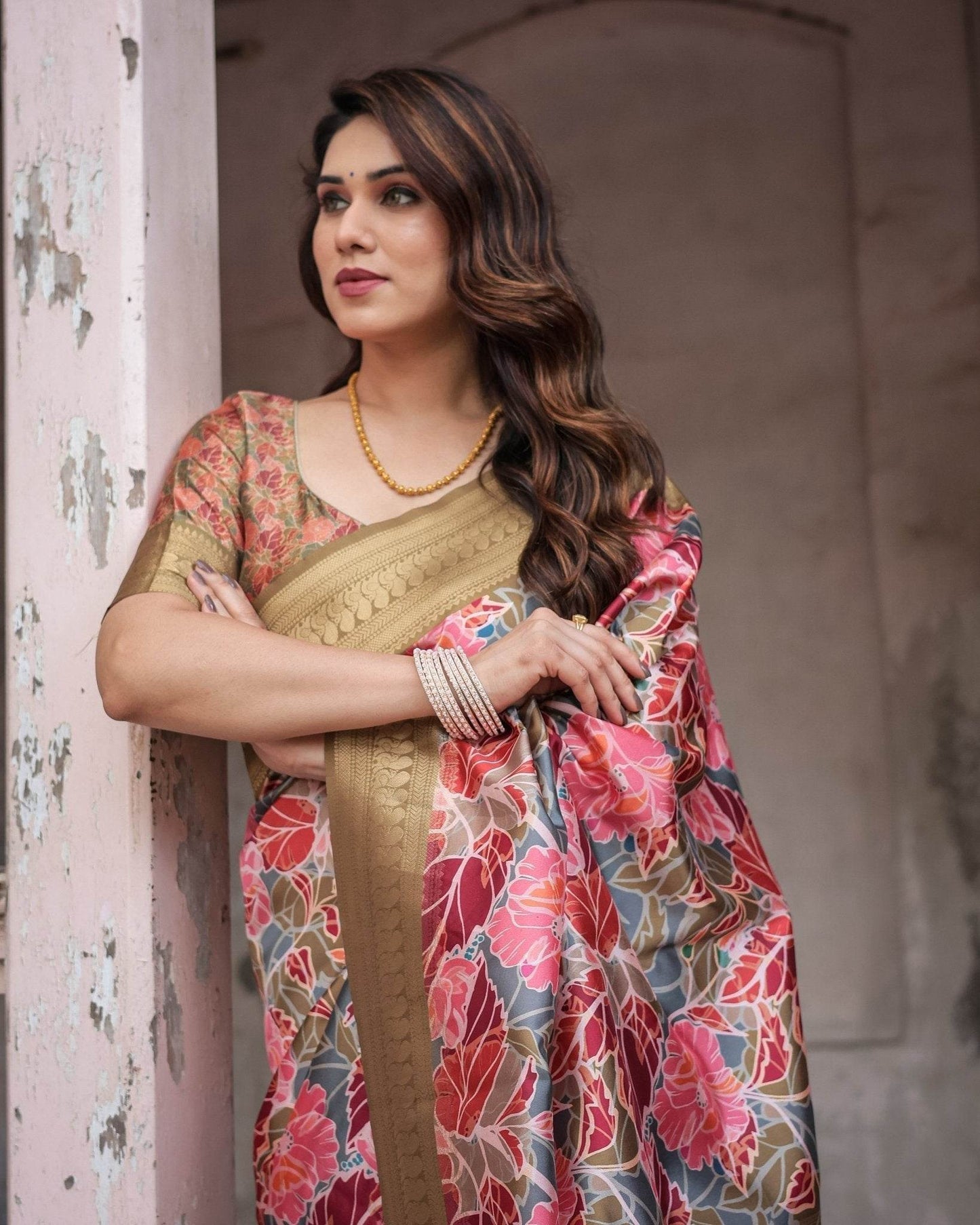Gold Banarasi Silk Saree with Bold Floral Print and Intricate Zari Border - SEEANS