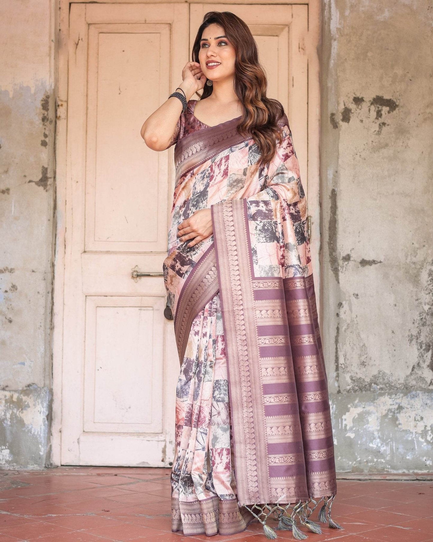 Mauve Banarasi Silk Saree with Abstract Checkered Digital Print & Zari Border - SEEANS