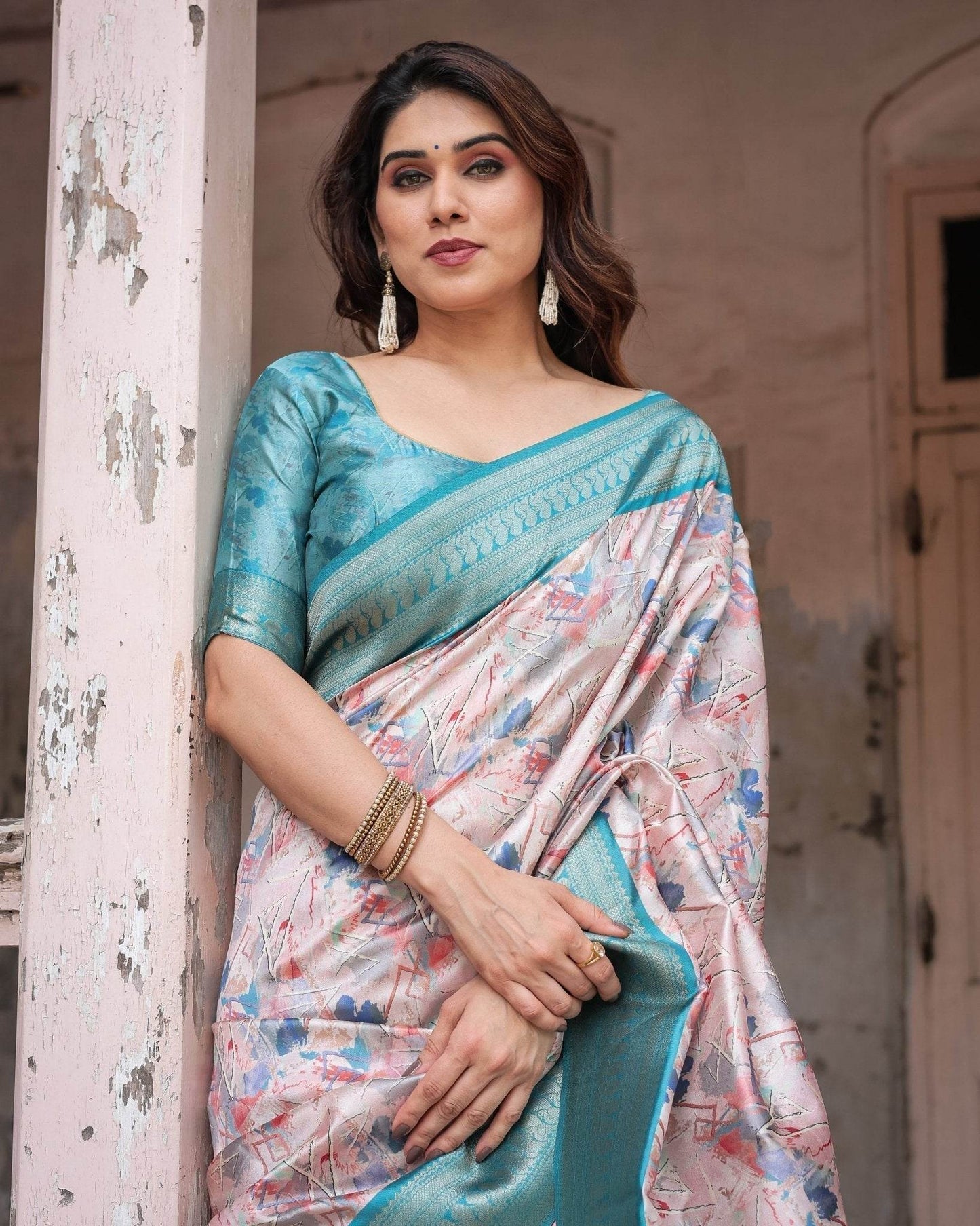 Mesmerizing Aqua Banarasi Silk Saree with Digital Print and Tassels - SEEANS