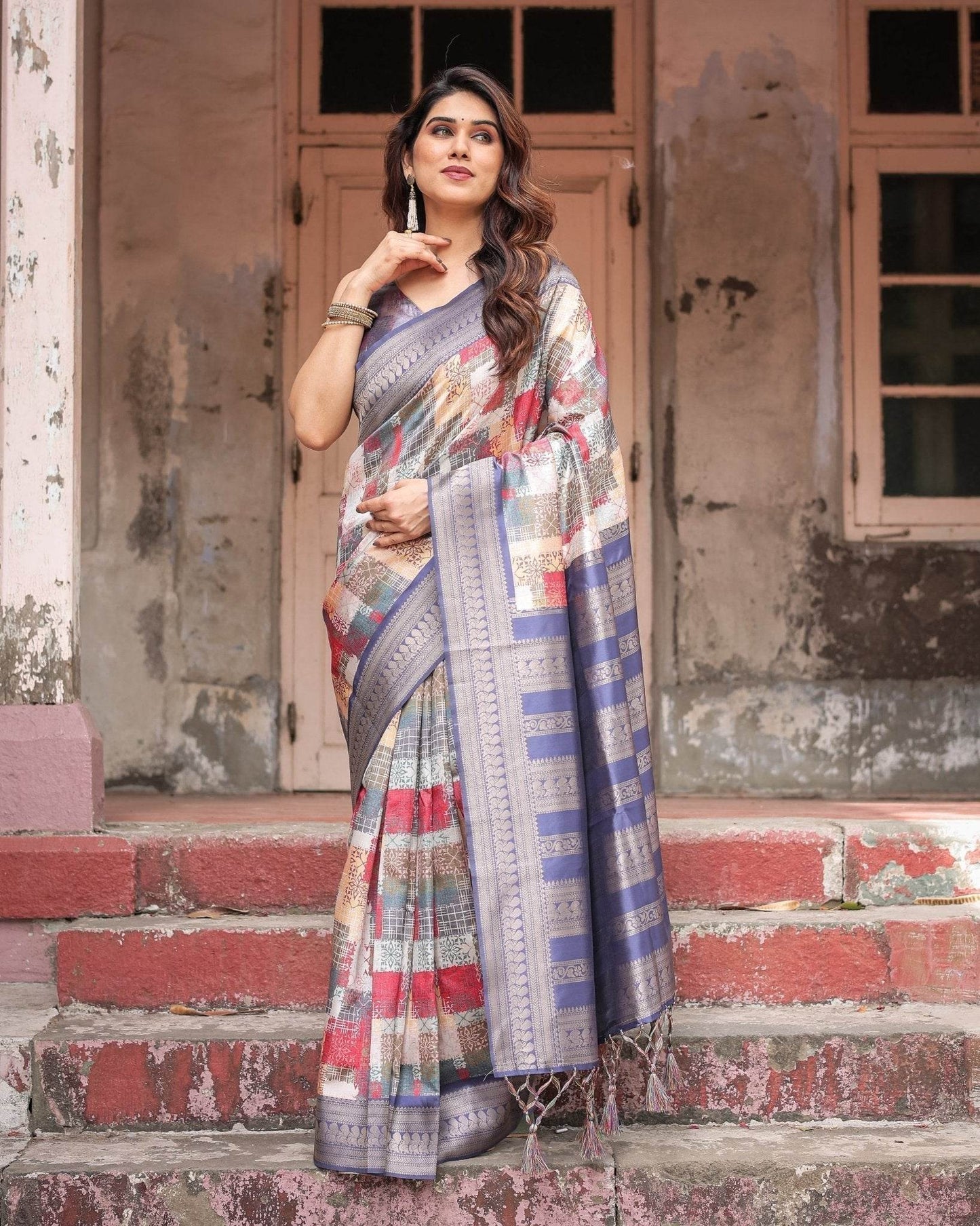 Multicolor Banarasi Silk Saree with Abstract Checkered Print & Lavender Zari Border - SEEANS