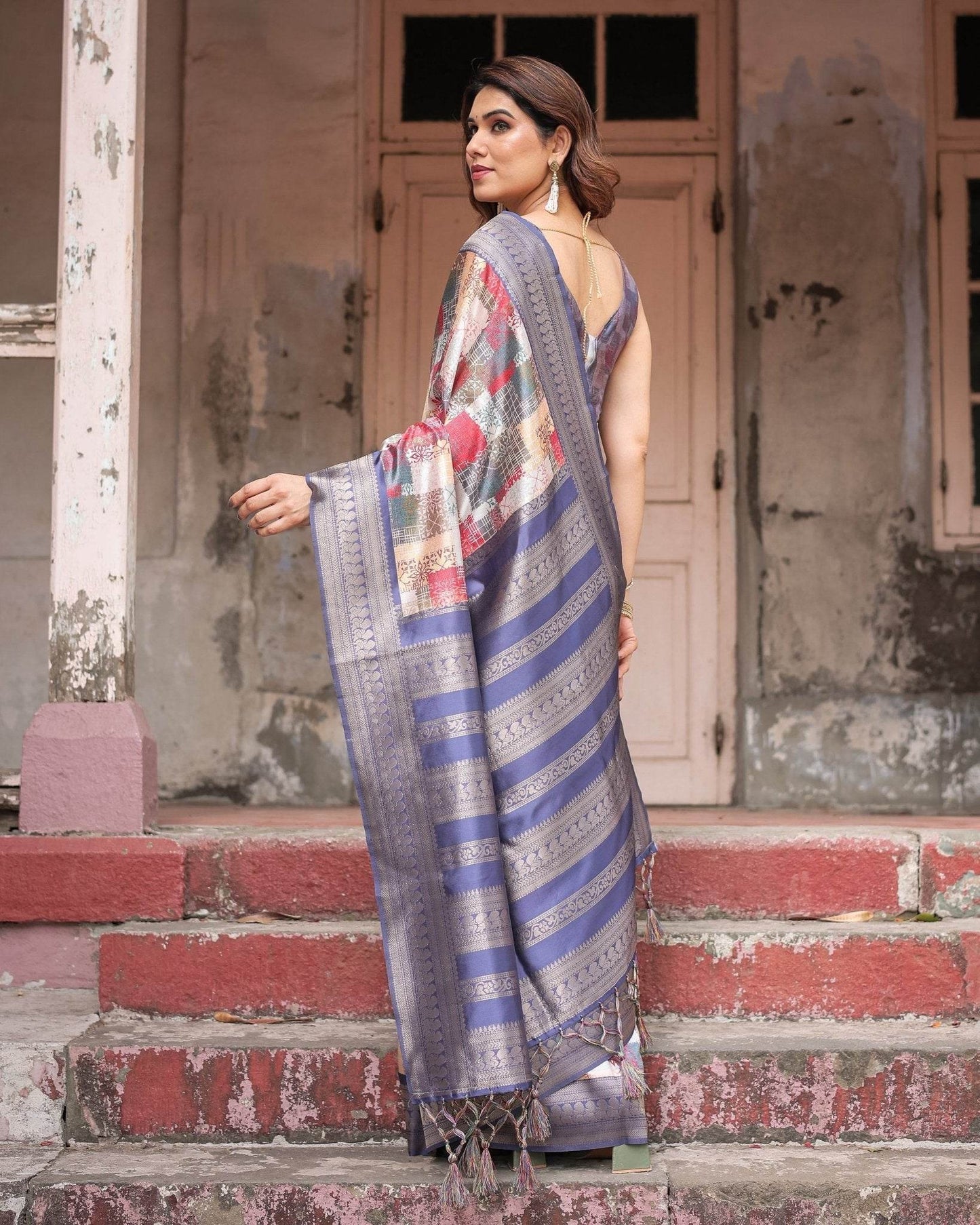 Multicolor Banarasi Silk Saree with Abstract Checkered Print & Lavender Zari Border - SEEANS