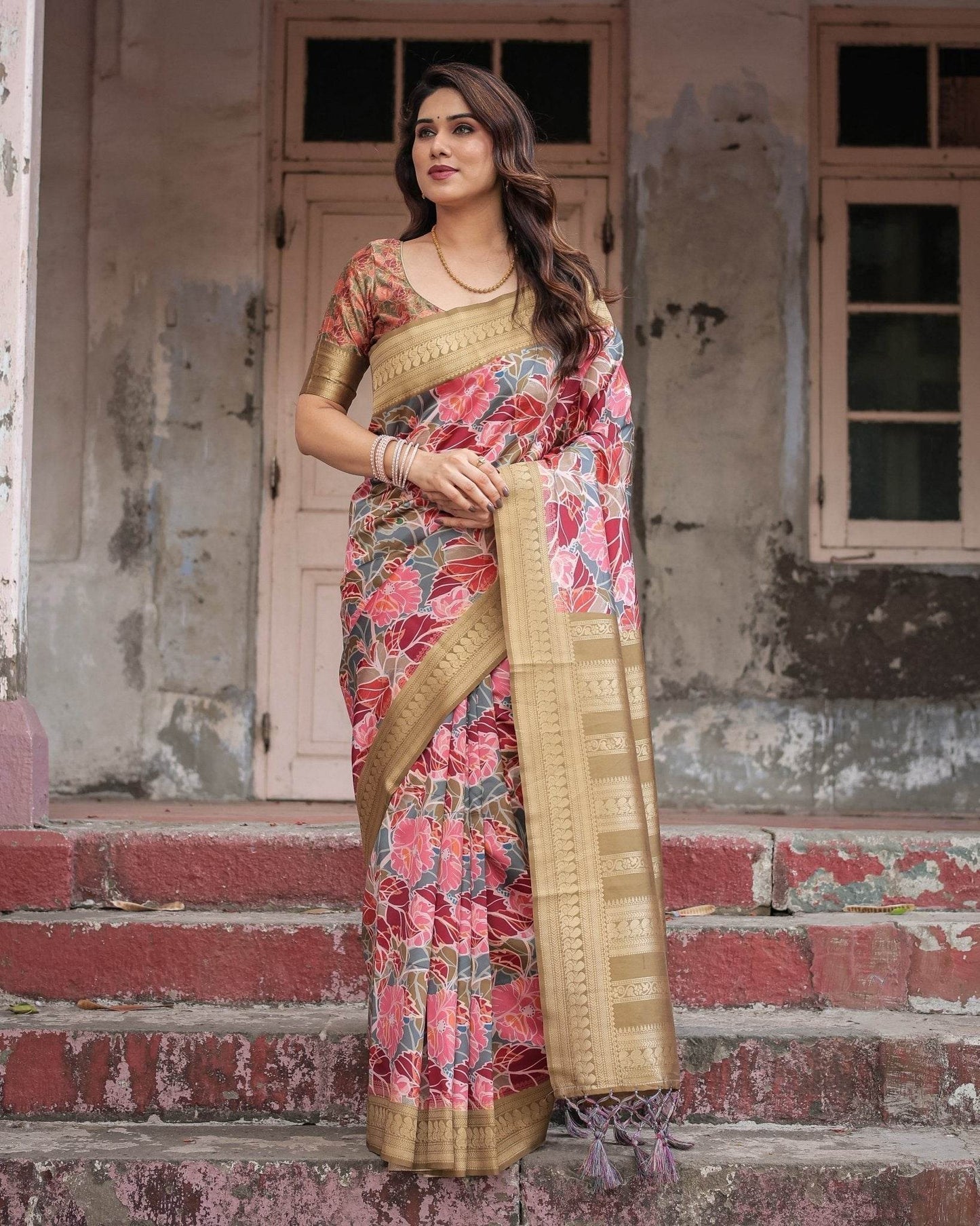 Gold Banarasi Silk Saree with Bold Floral Print and Intricate Zari Border - SEEANS