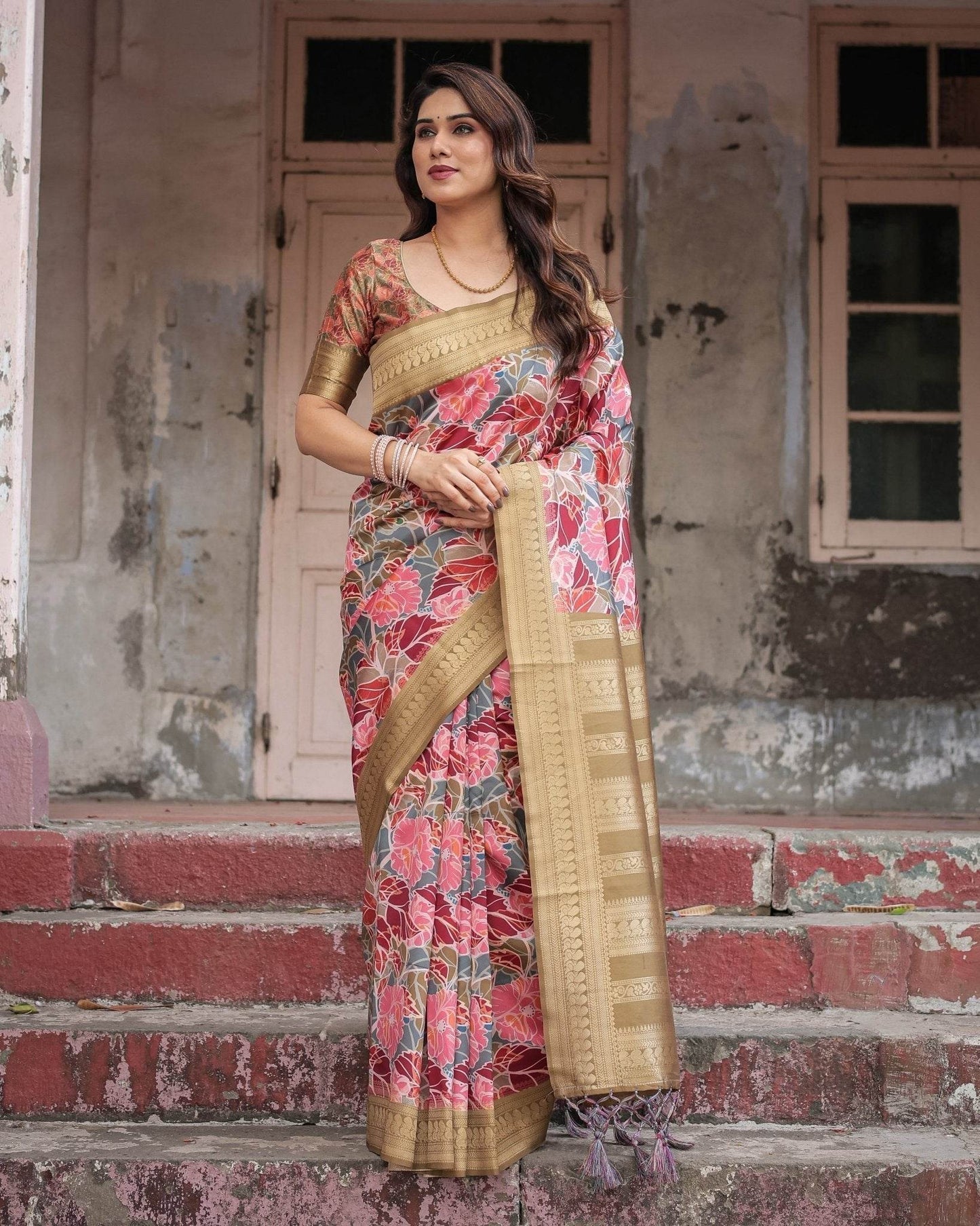Gold Banarasi Silk Saree with Bold Floral Print and Intricate Zari Border - SEEANS