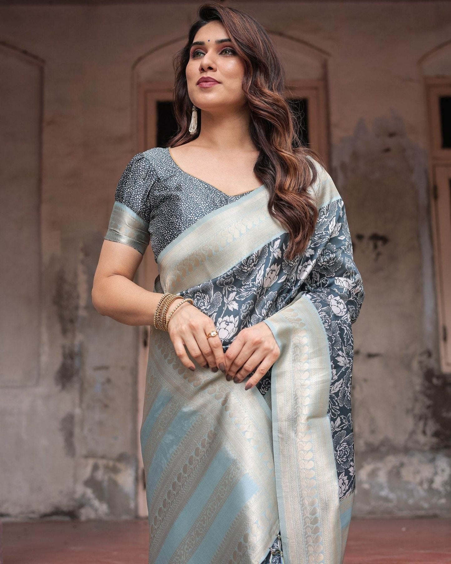 Sophisticated Floral Banarasi Silk Saree with Light Blue Zari Border - SEEANS