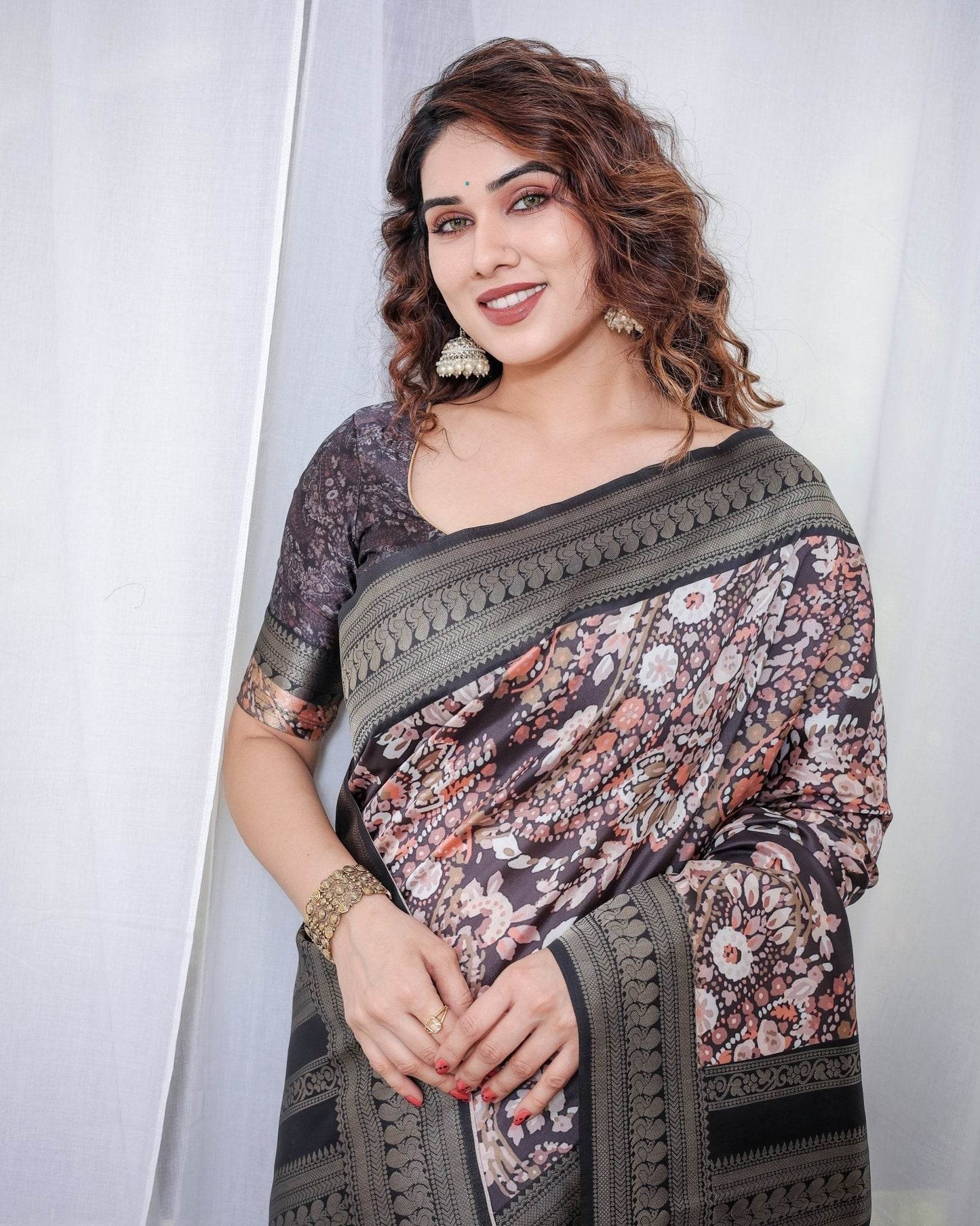 Exquisite Black and Pink Floral Banarasi Silk Saree with Intricate Tassels - SEEANS
