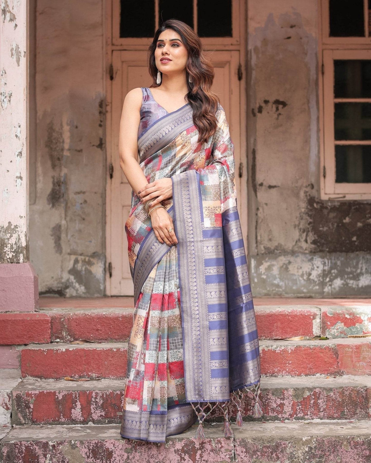 Multicolor Banarasi Silk Saree with Abstract Checkered Print & Lavender Zari Border - SEEANS