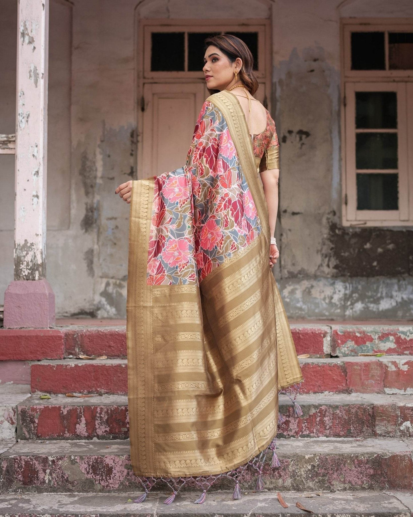Gold Banarasi Silk Saree with Bold Floral Print and Intricate Zari Border - SEEANS