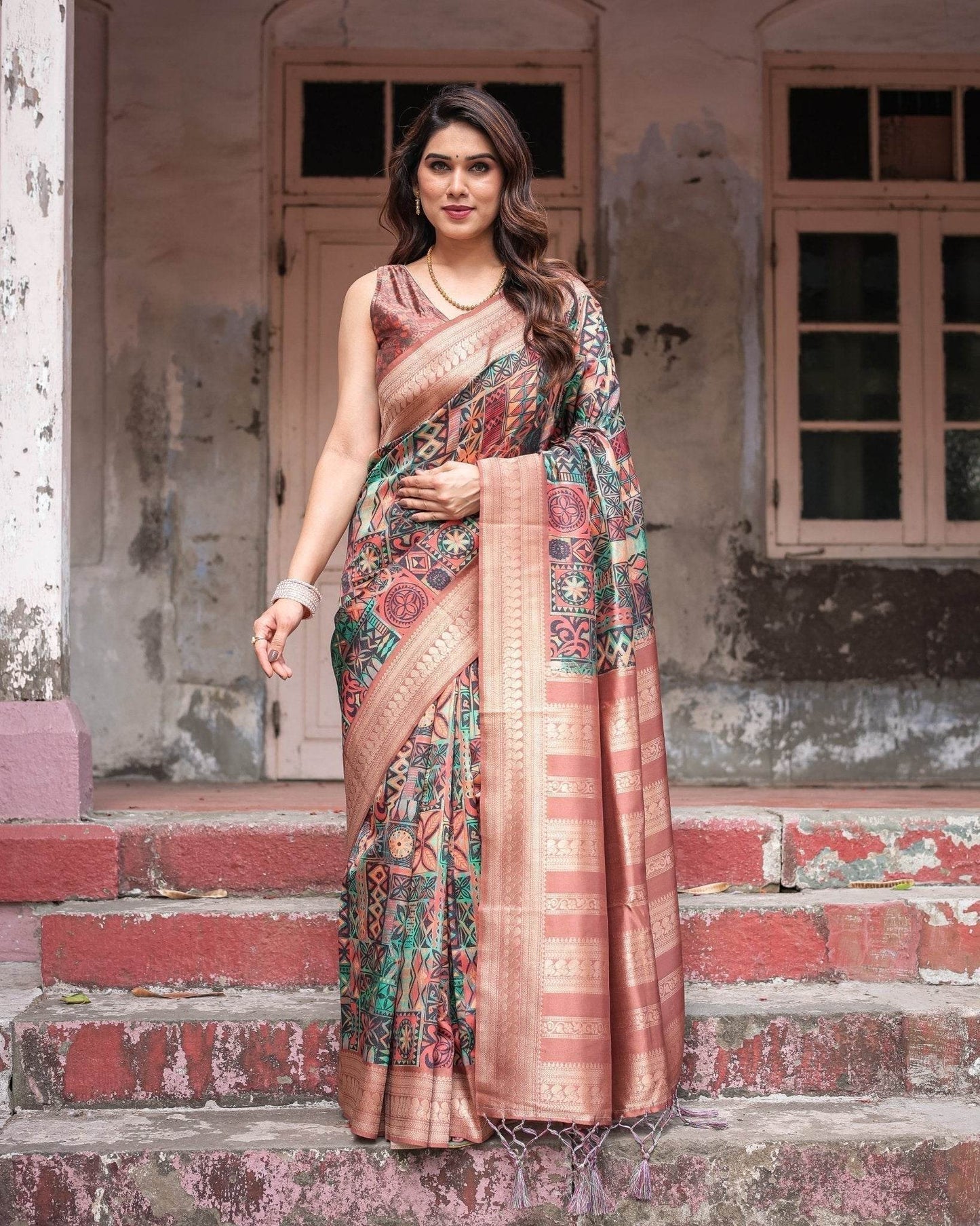 Multicolor Geometric Print Banarasi Silk Saree with Copper Zari Border - SEEANS