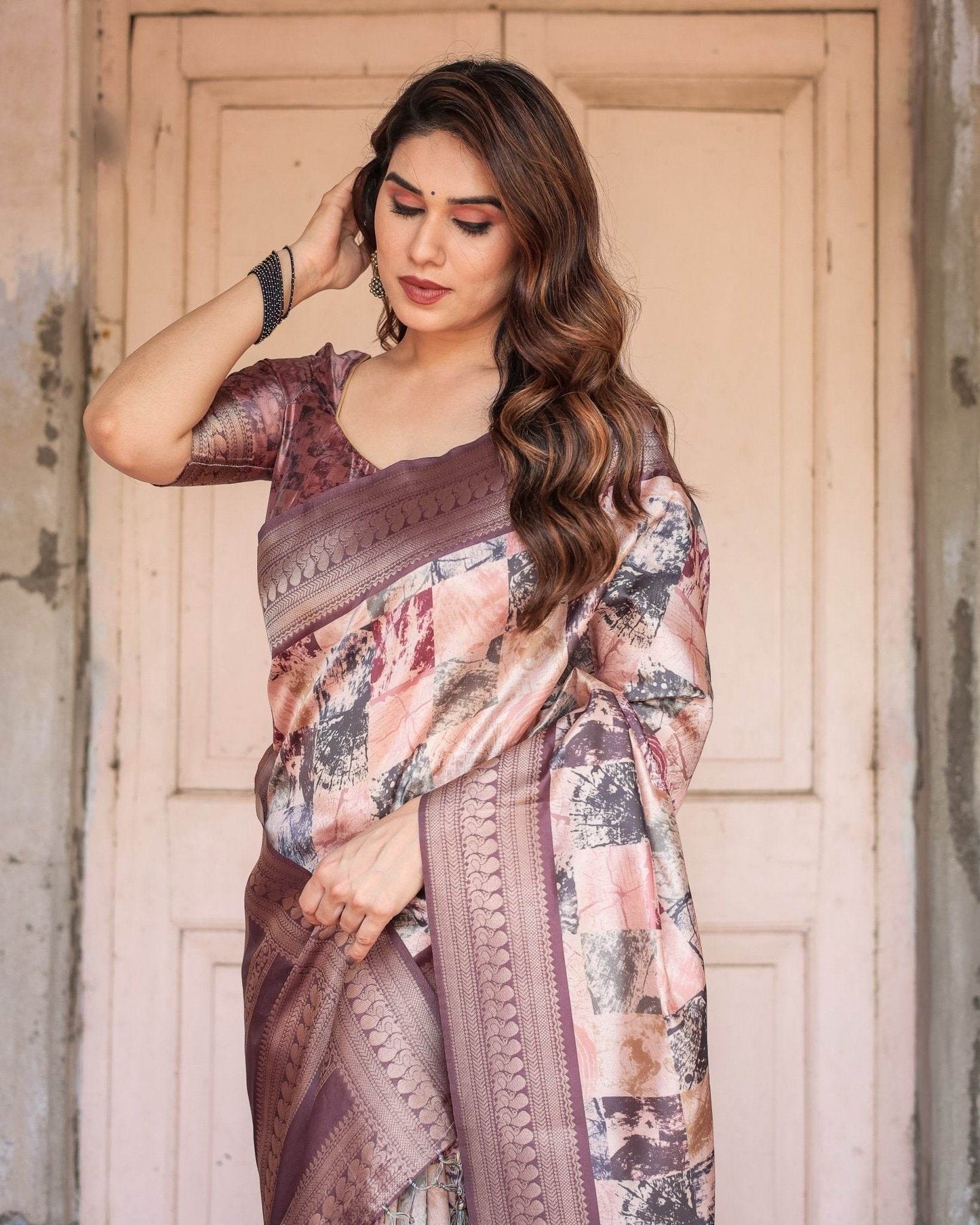 Mauve Banarasi Silk Saree with Abstract Checkered Digital Print & Zari Border - SEEANS