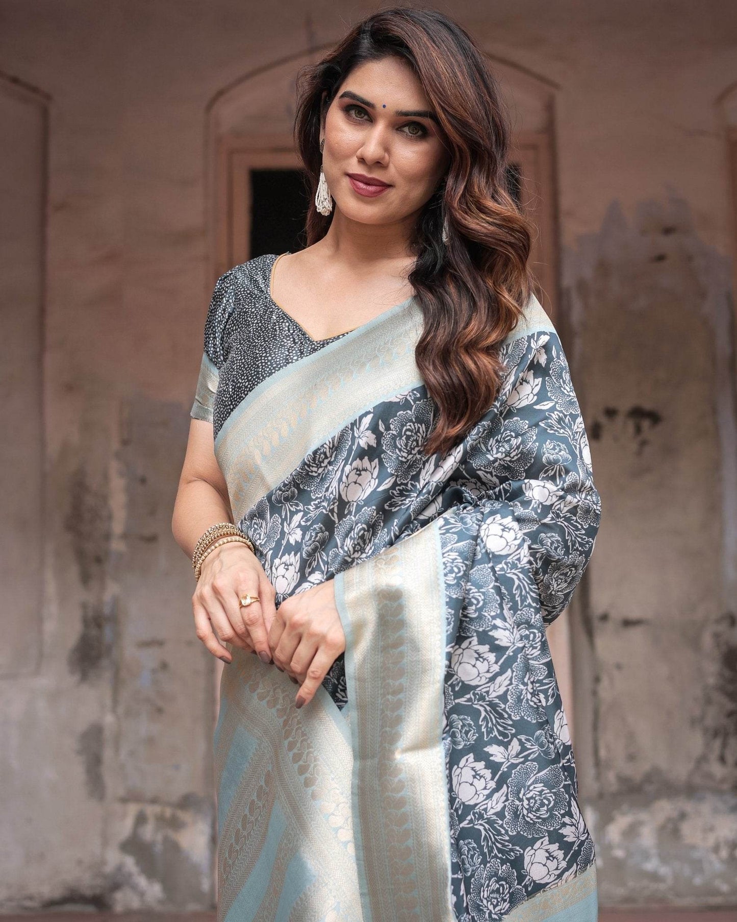 Sophisticated Floral Banarasi Silk Saree with Light Blue Zari Border - SEEANS