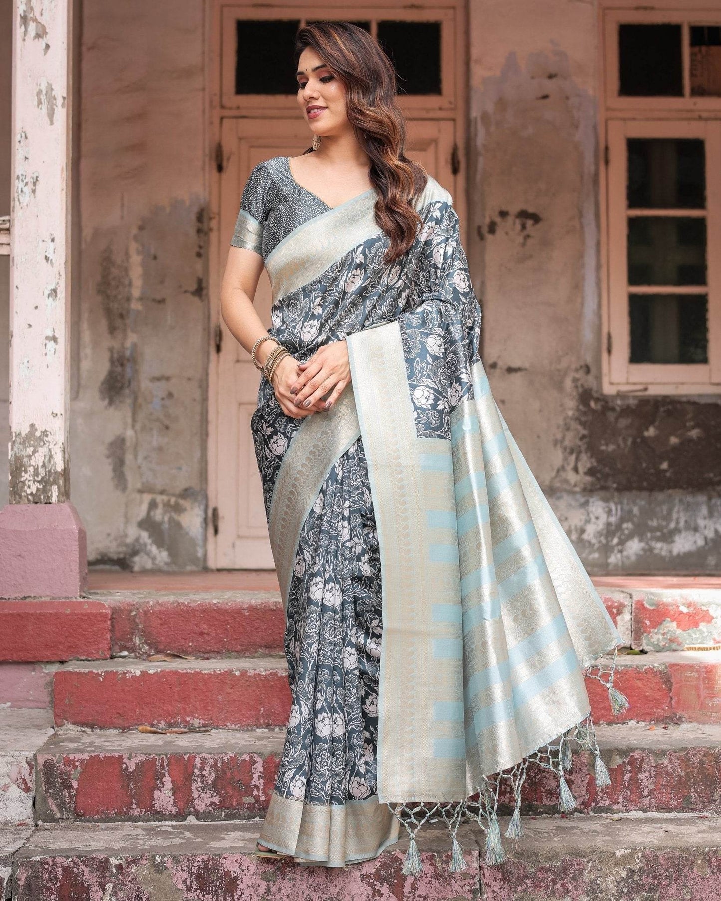 Sophisticated Floral Banarasi Silk Saree with Light Blue Zari Border - SEEANS