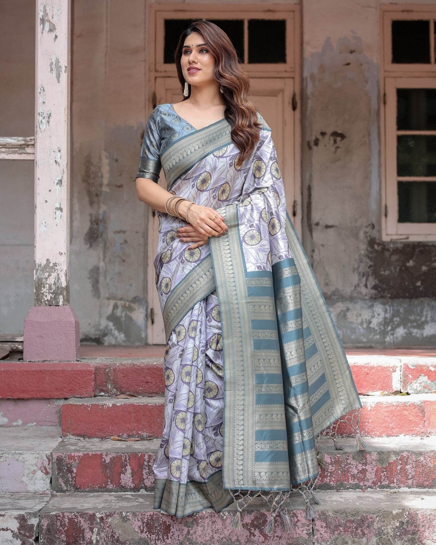 Sophisticated Lilac Banarasi Silk Saree with Floral Prints and Zari Tassel Border - SEEANS