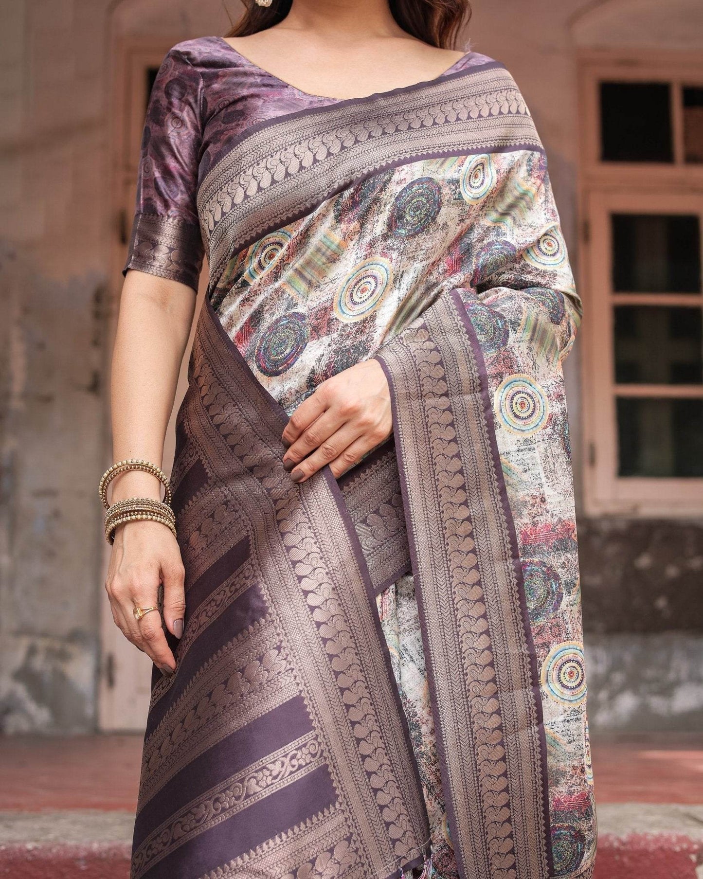 Regal Purple Banarasi Silk Saree with Digital Print and Ornate Border - SEEANS