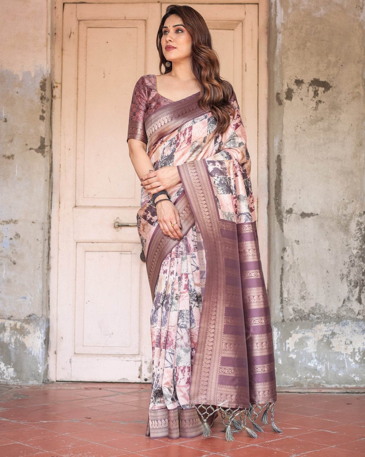 Mauve Banarasi Silk Saree with Abstract Checkered Digital Print & Zari Border - SEEANS
