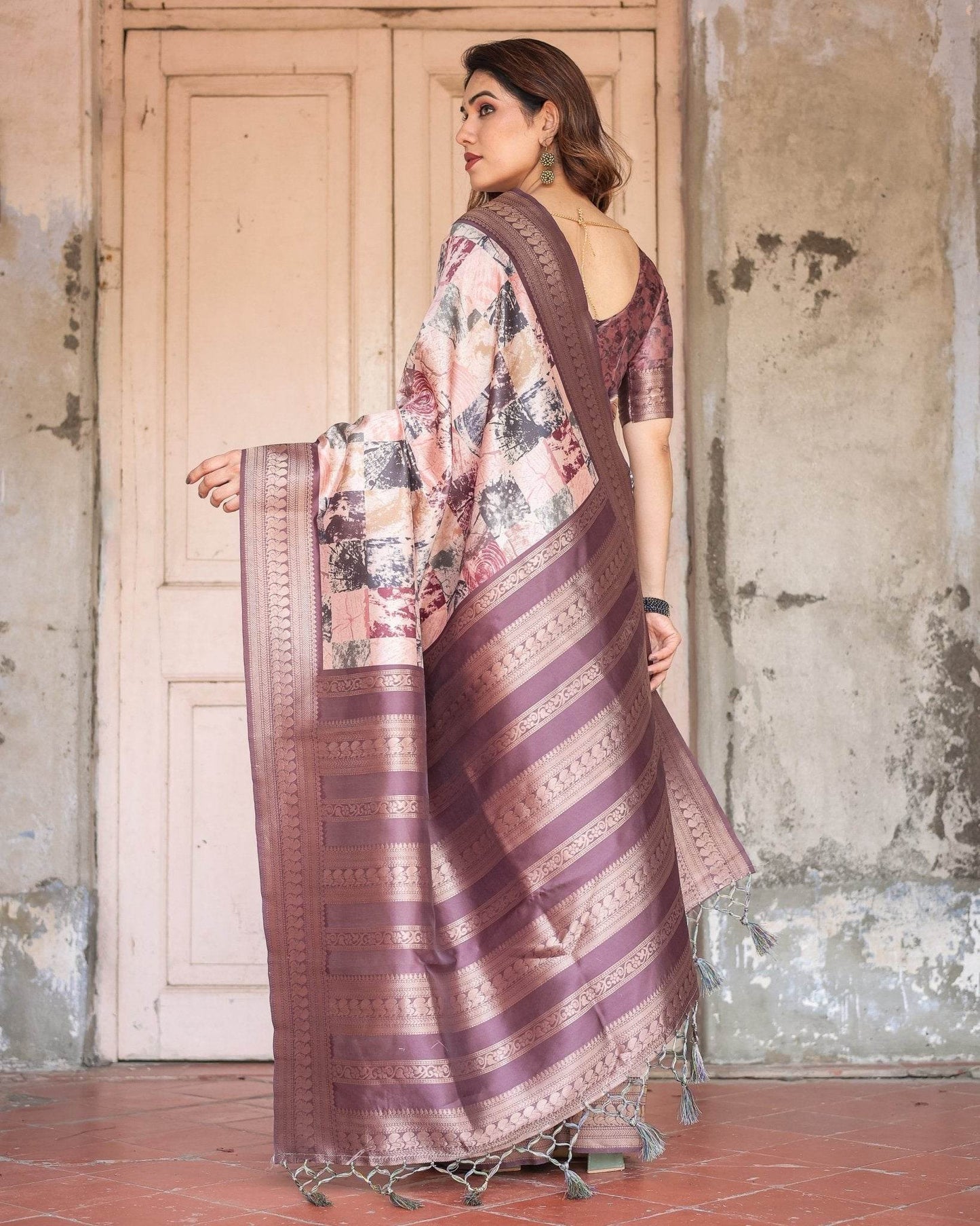 Mauve Banarasi Silk Saree with Abstract Checkered Digital Print & Zari Border - SEEANS
