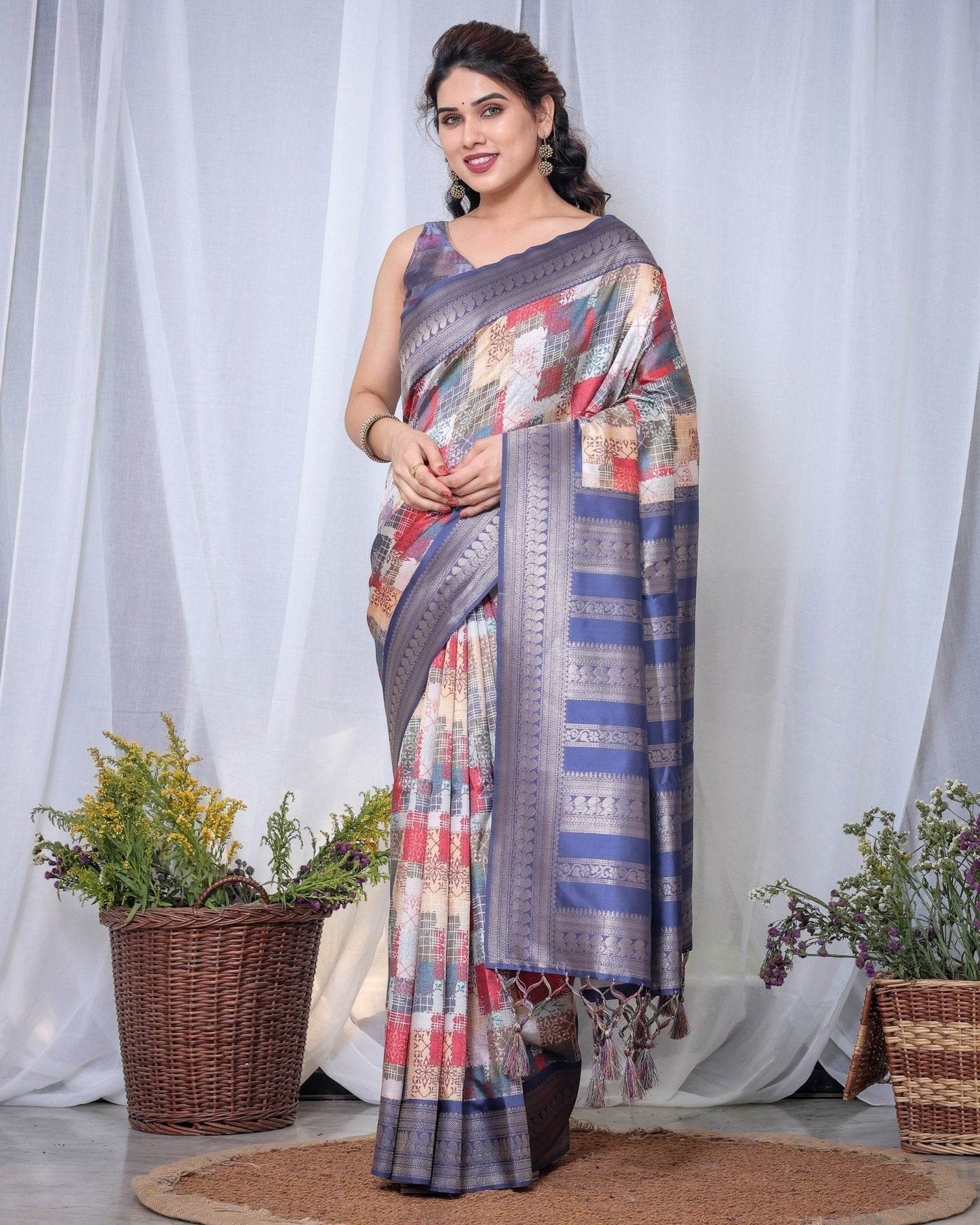 Blue Banarasi Silk Saree with Multicolor Patchwork Digital Print, Zari Border & Tassel Pallu - SEEANS