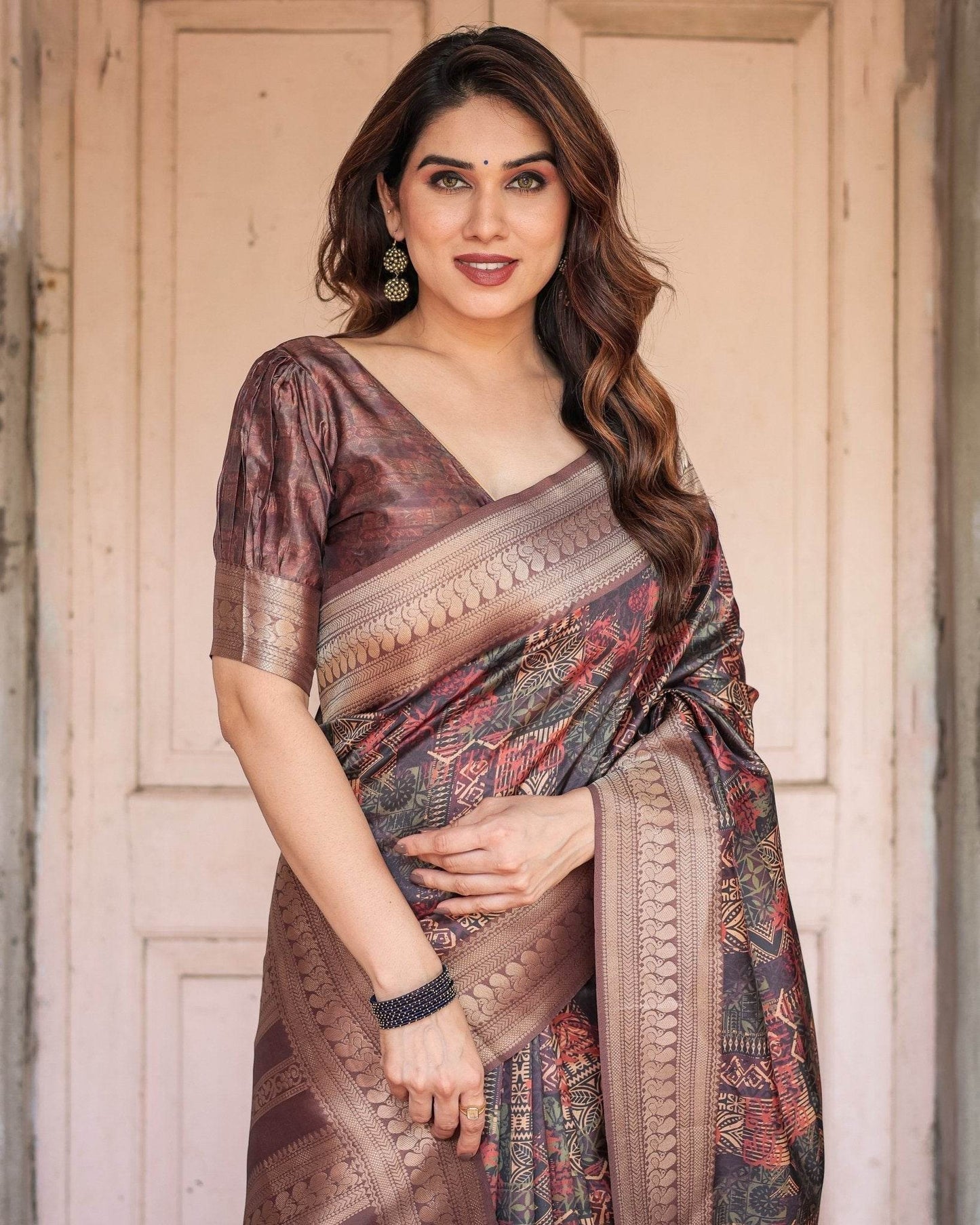 Rich Chocolate Banarasi Silk Saree with Geometric Print and Zari Border - SEEANS