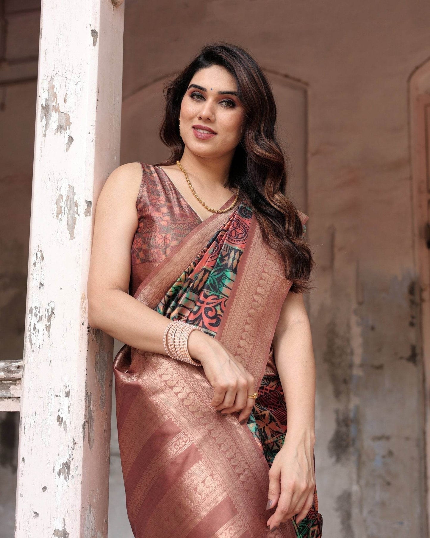Multicolor Geometric Print Banarasi Silk Saree with Copper Zari Border - SEEANS