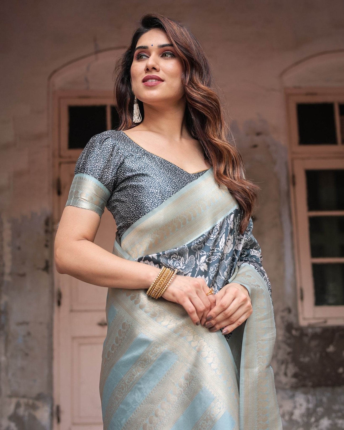Sophisticated Floral Banarasi Silk Saree with Light Blue Zari Border - SEEANS