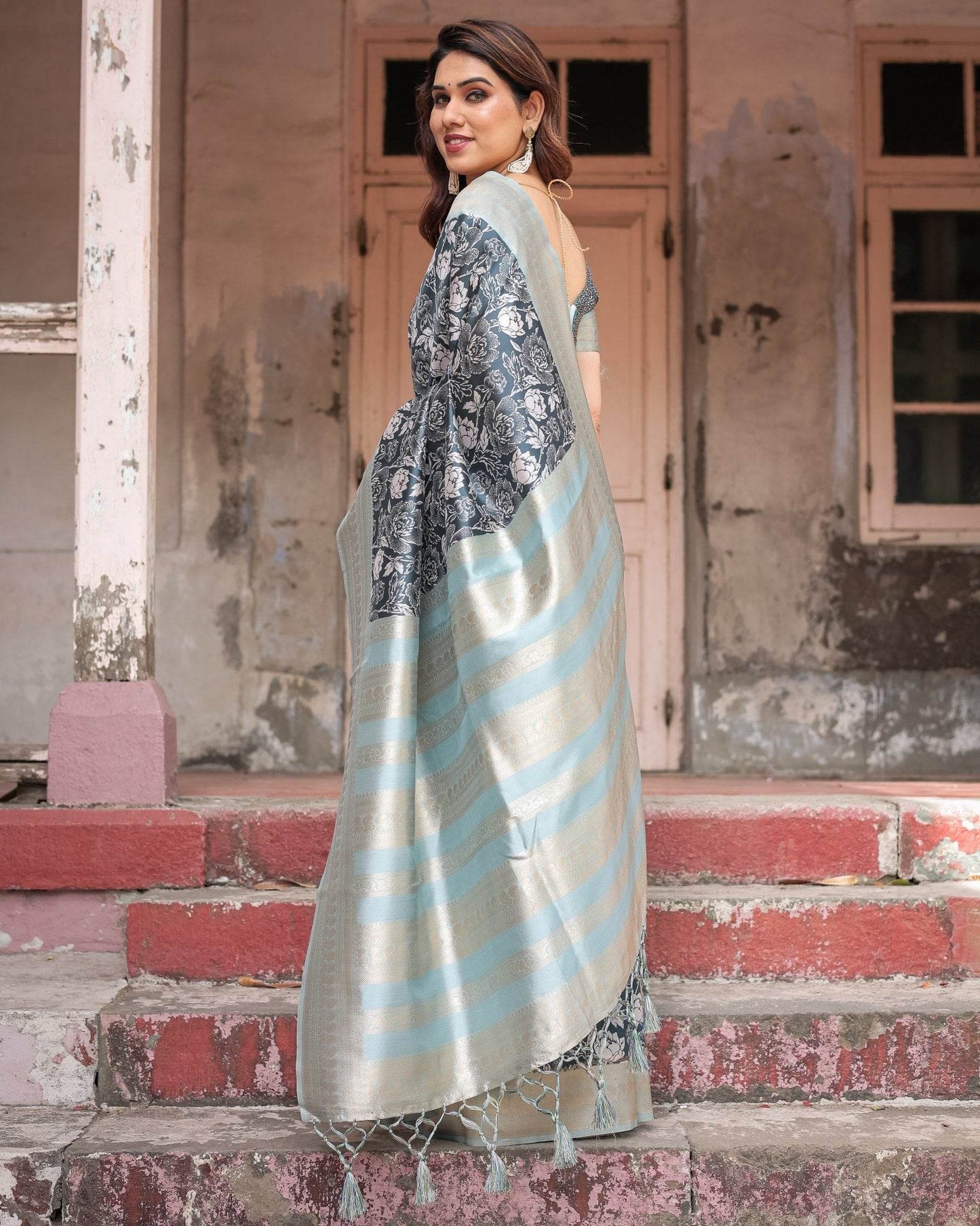 Sophisticated Floral Banarasi Silk Saree with Light Blue Zari Border - SEEANS