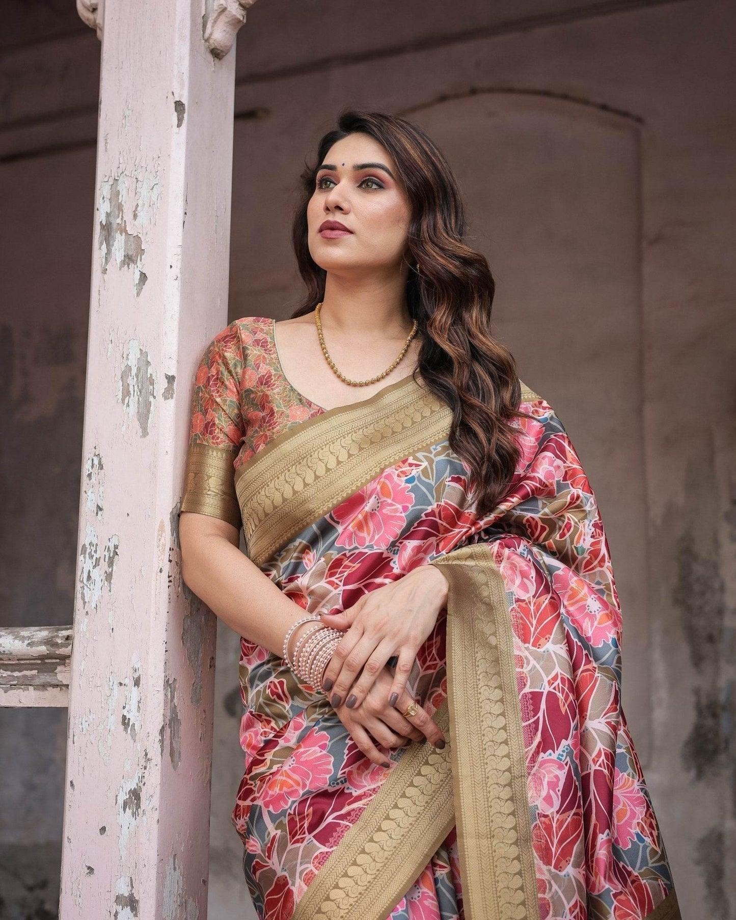 Gold Banarasi Silk Saree with Bold Floral Print and Intricate Zari Border - SEEANS