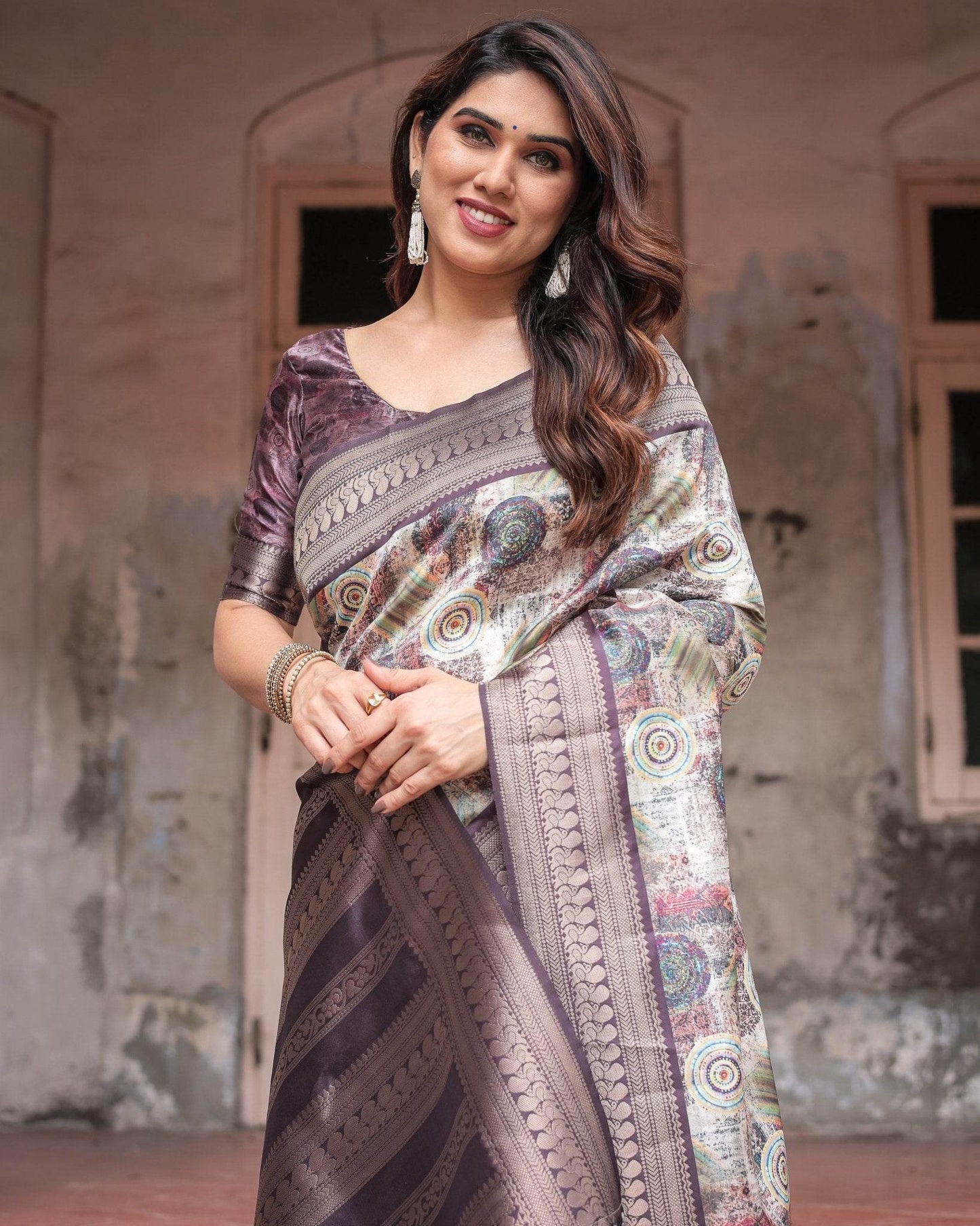 Regal Purple Banarasi Silk Saree with Digital Print and Ornate Border - SEEANS